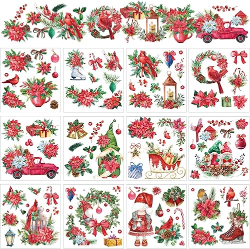 BBTO 12 hojas de calcomanías navideñas para manualidades y muebles, calcomanías de transferencia de pájaros clásicos florales para muebles en casa,