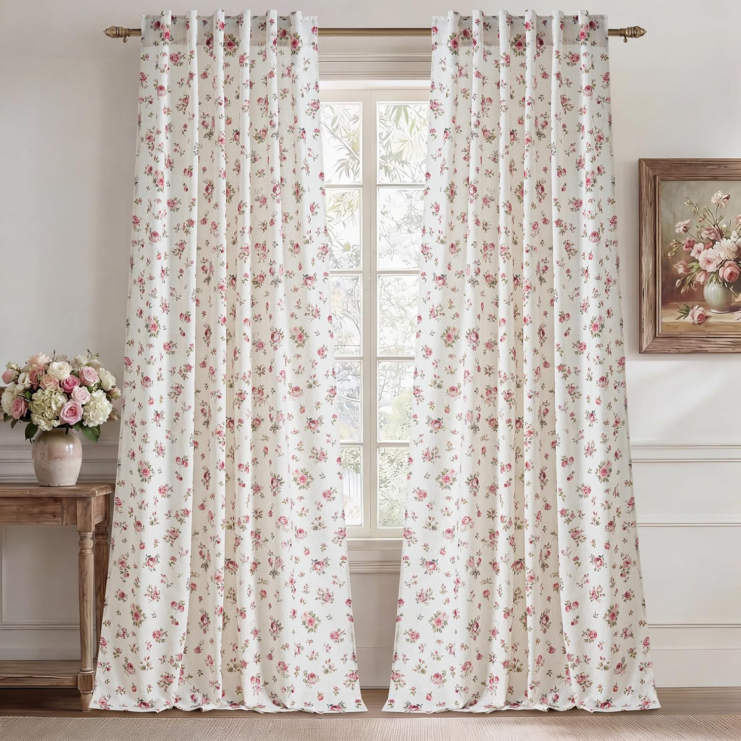 StangH Floral Curtains with Rose Pattern,French Country Farmhouse Linen Drapes Light Filtering Privacy Window Treatment with Back Tab,Dusty Rose,W52xL96,2 Panels
