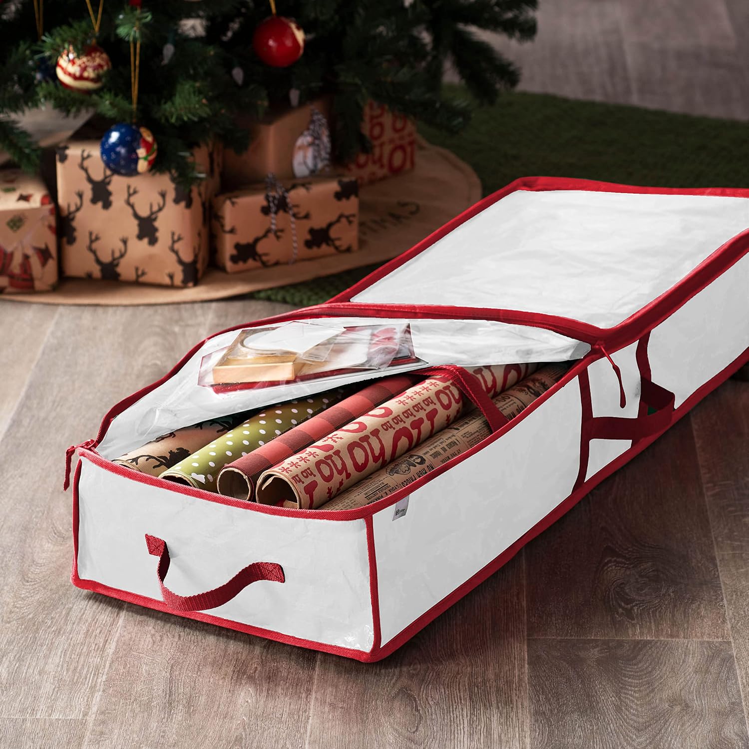Zober Underbed Gift Wrap Organizer, Interior Pockets, fits 18-24 Standard Rolls, Underbed Storage, Wrapping Paper Storage Box And Holiday Accessories, 40” Long - Tear Proof Fabric
