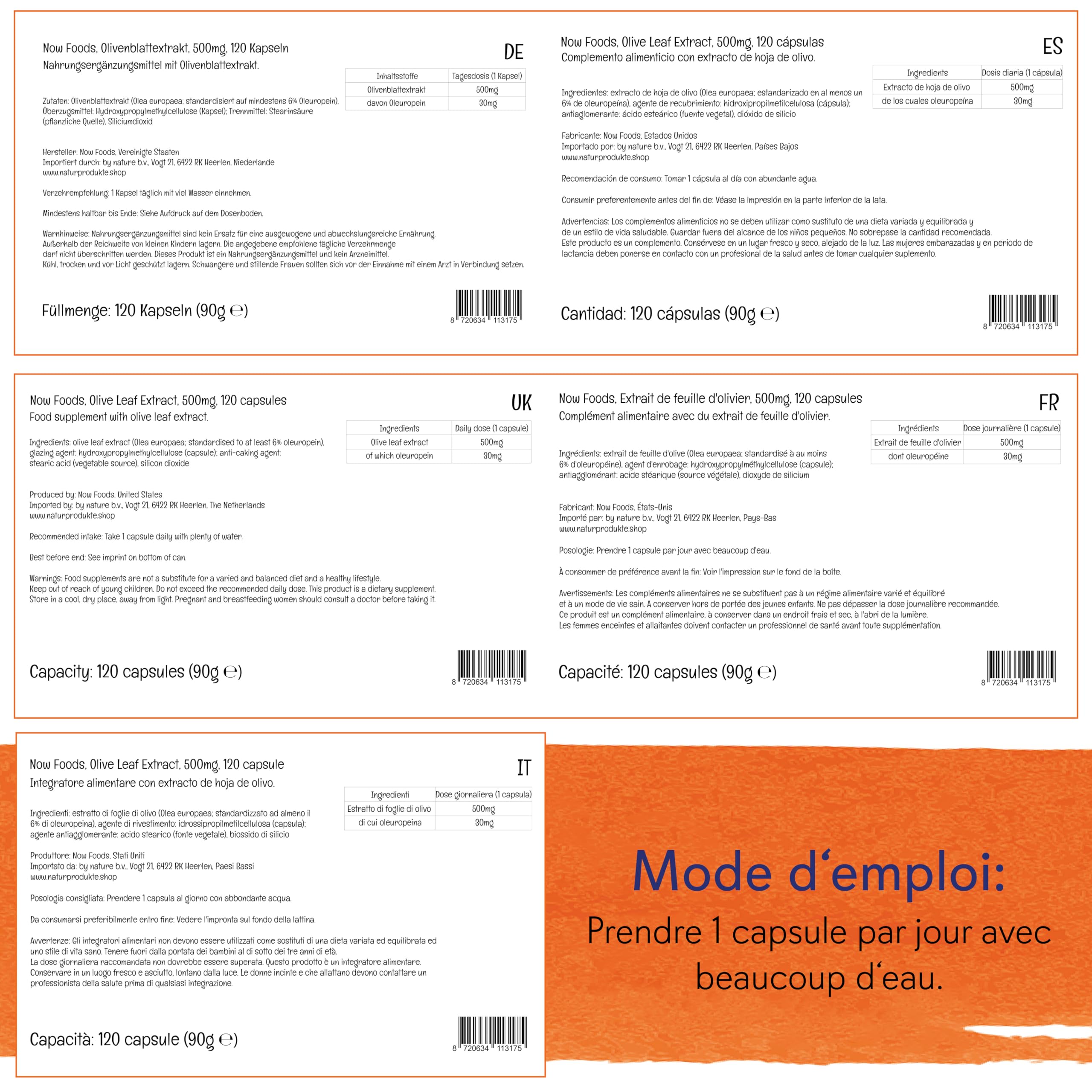 Now Foods, Olive Leaf Extract (Extrait de Feuille d'Olivier), 500mg, 120 Capsules végétaliennes, Testé en Laboratoire, Sans Soja, Sans Gluten, Végétarien, Sans OGM