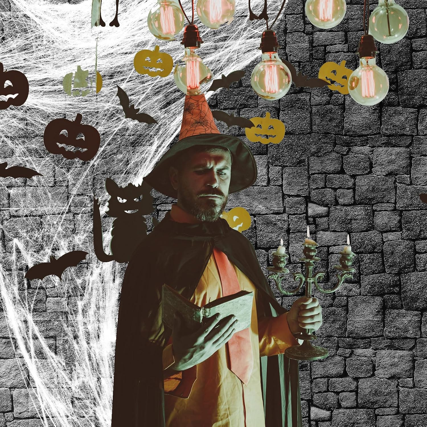 Nuanchu 7 Pcs Halloween Grey Brick Wallpaper and Creepy Cloth Set Included 2 Sheet 4.5x9ft Peel and Stick Wallpaper 5 Sheet 2.5x5.9ft Spider Web Decor for Halloween Theme Party Decoration Supplies