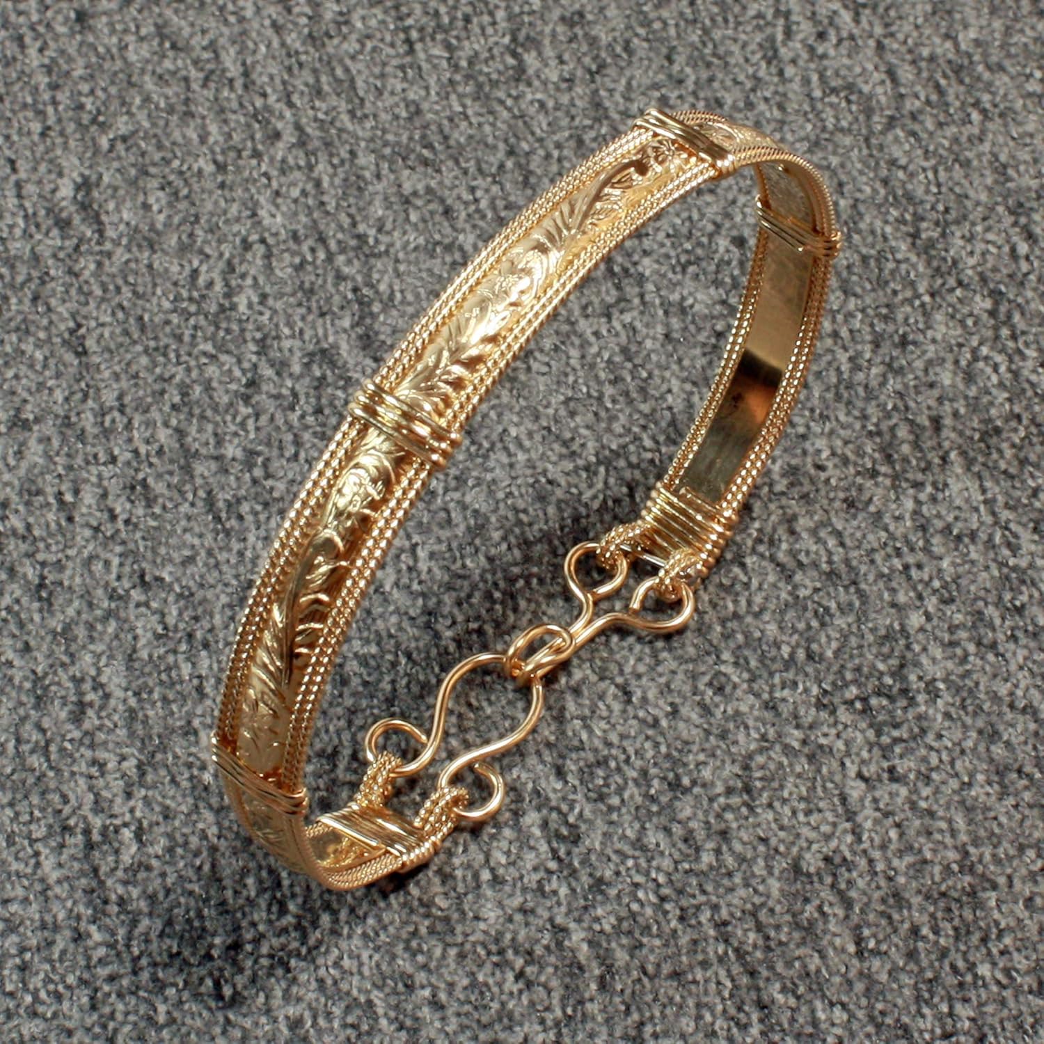 Real 14K Gold Filled Bangle, Handmade Gold Bracelet for Women, Scroll Pattern