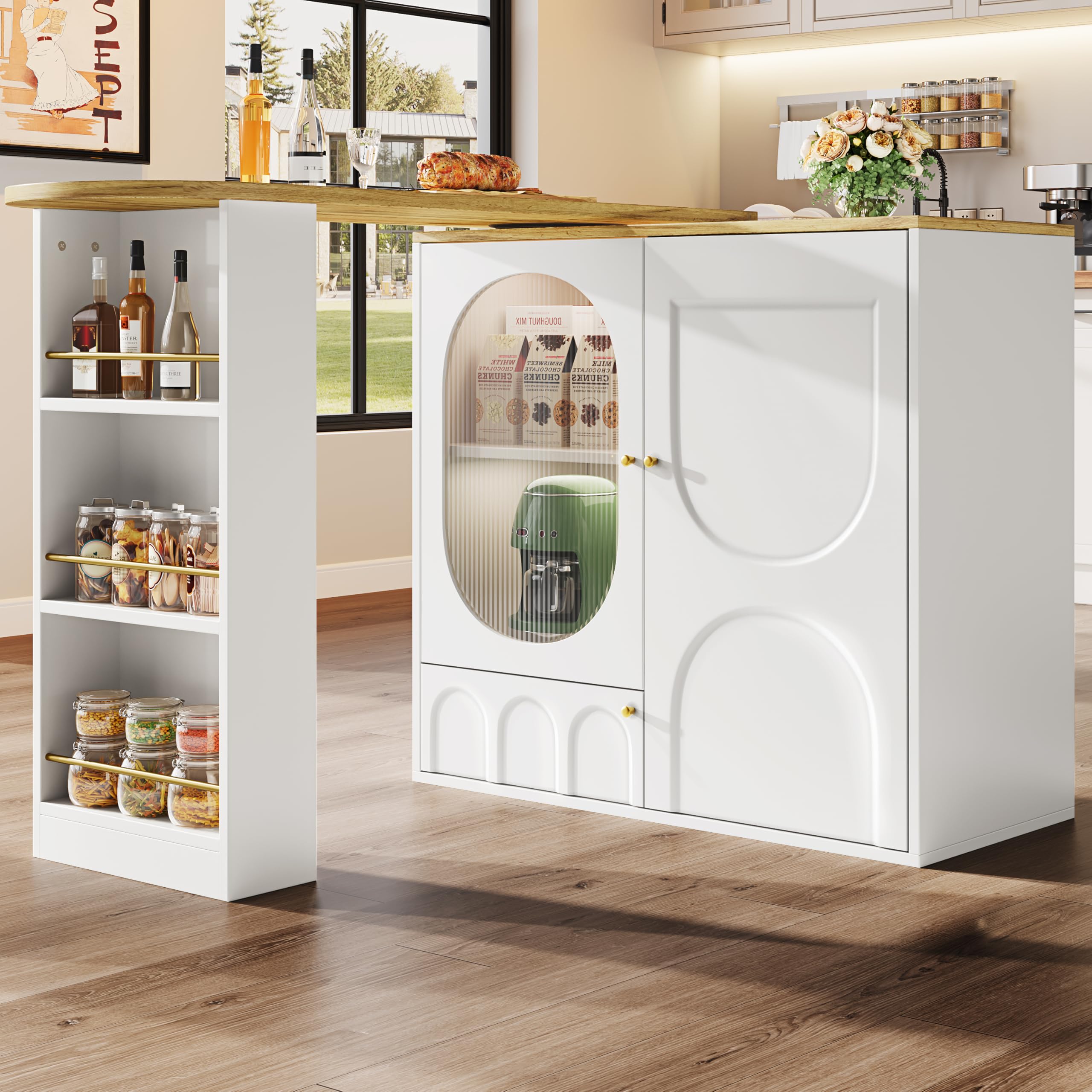 Mesa de bar giratoria 360° – Mesa alta (138 x 39 x 102 cm), isla de cocina blanca con espacio de almacenamiento, muebles de café, mostrador giratorio con tres puertas, estantes para puertas y