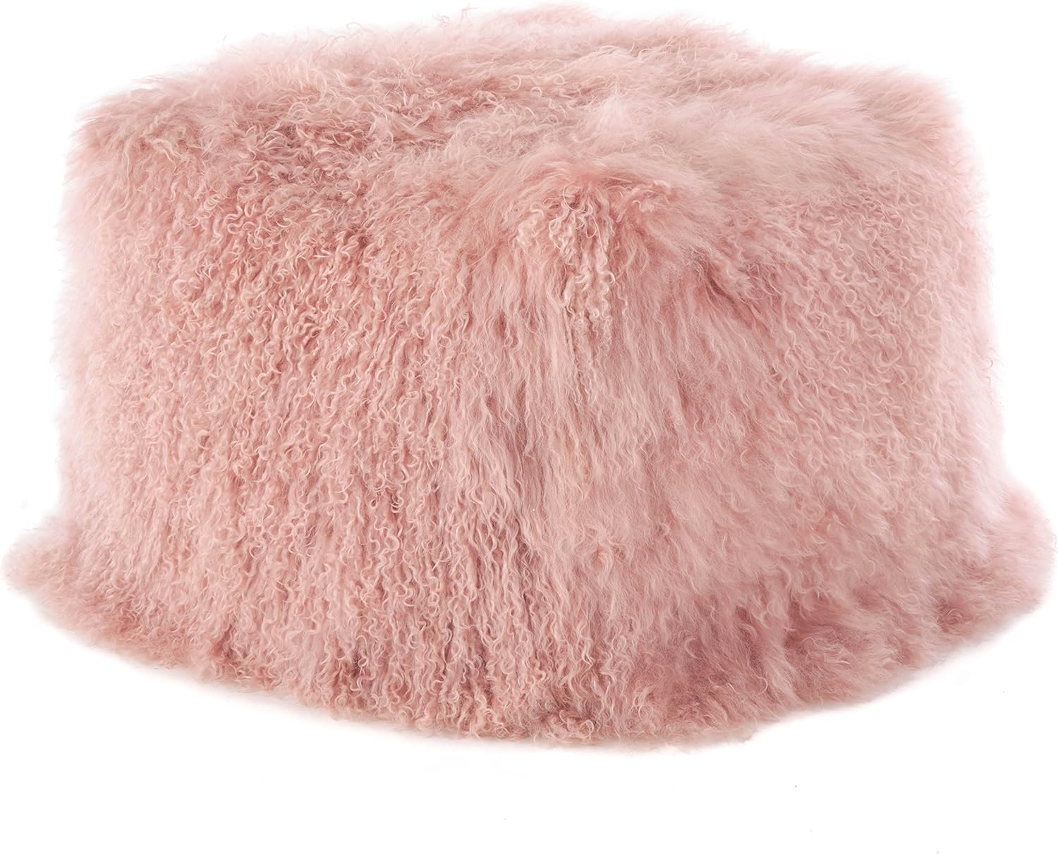 SARO LIFESTYLE Mongolian Lamb Wool Pouf Ottoman – Ivory, 18” x 18” x 16” with Firm Insert, Luxury Textured Accent Footrest or Extra Seating