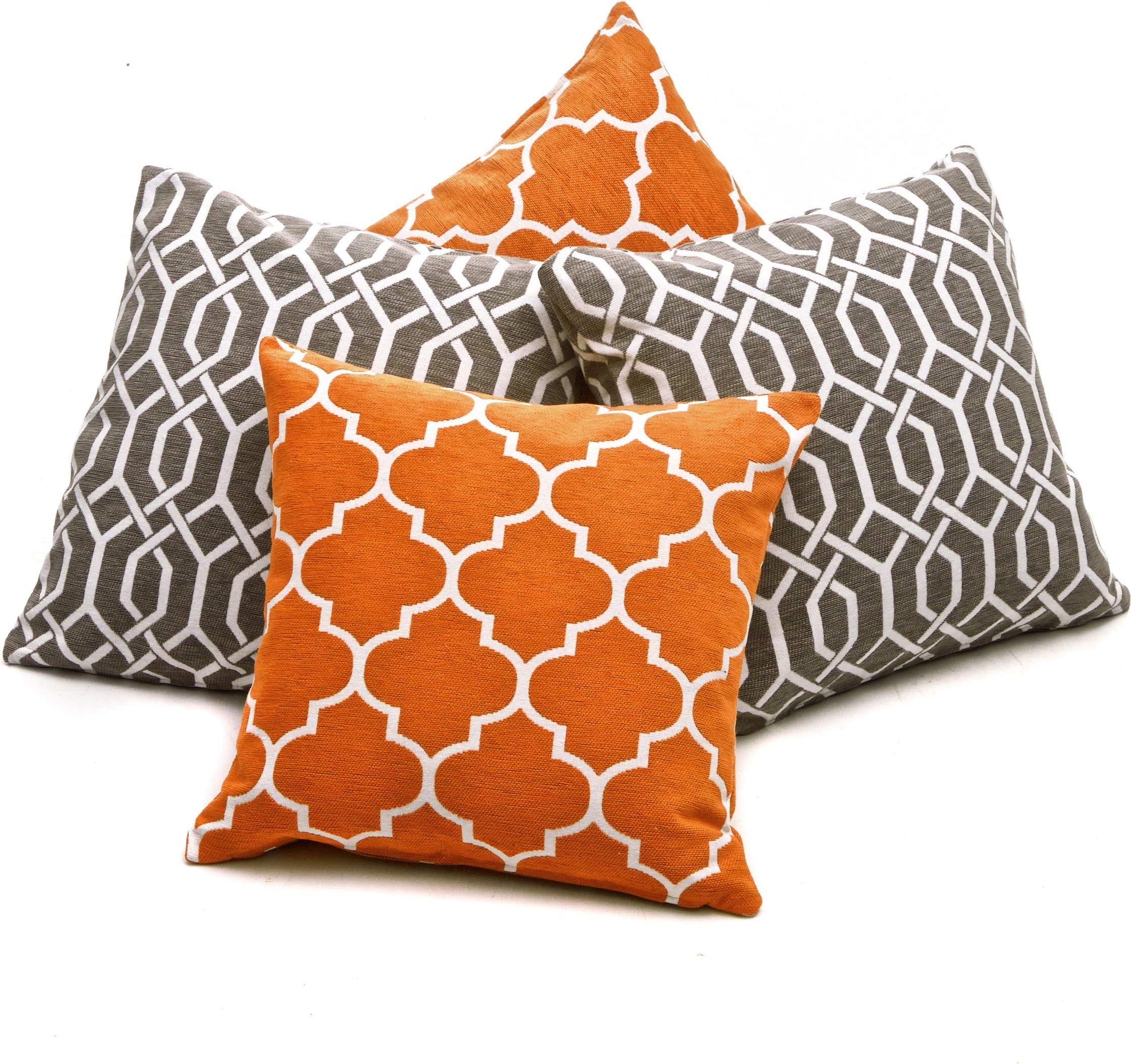 Red Rainbow Collection of 4 Orange Grey & White Geometric Design Chenille 18 inch Cushion Covers