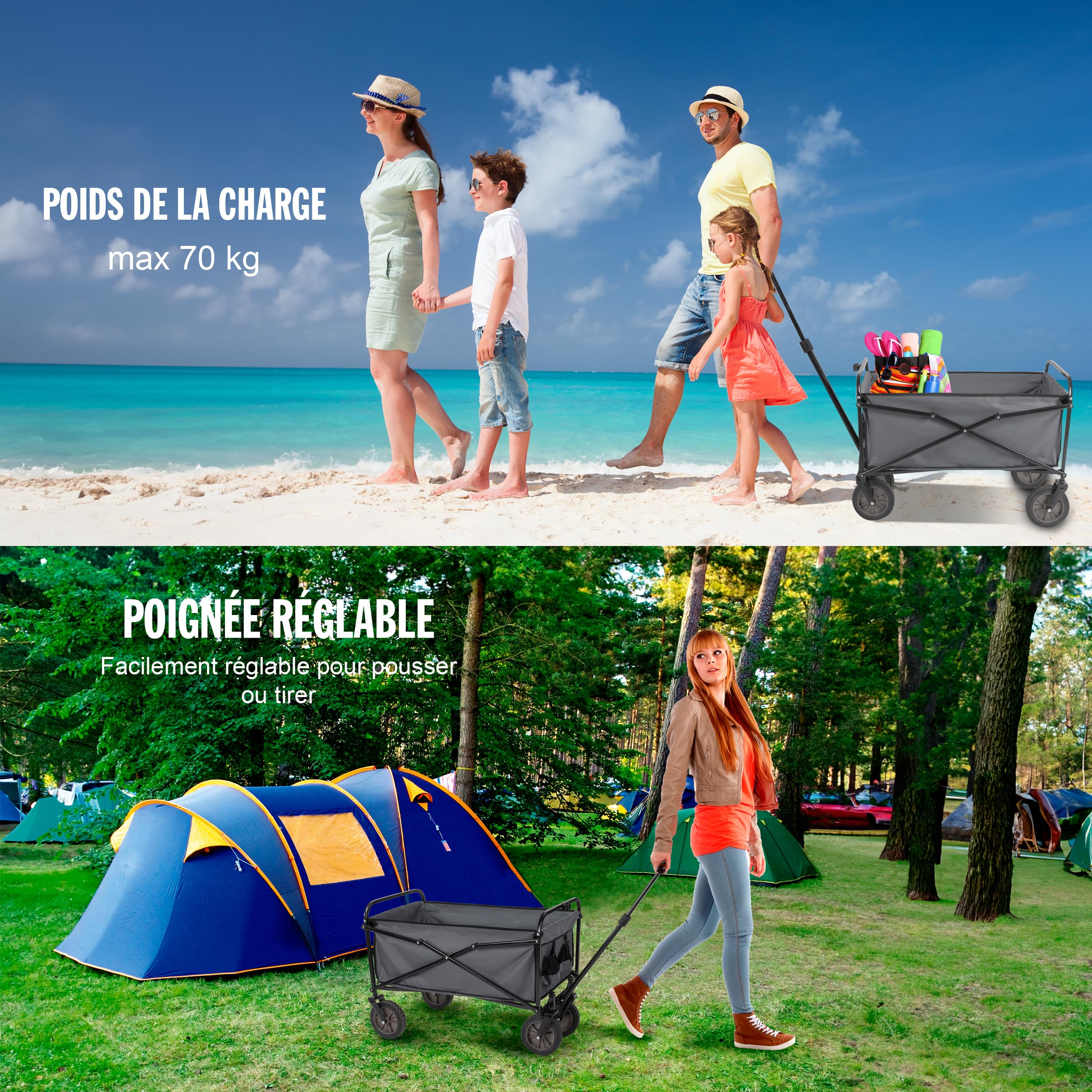 Chariot de Plage Pliable - Pliable jusqu'à 70kg - pour Camping et Festivals - Tout Terrain Réglable en Hauteur - 82 x 52 x 63 cm - Noir