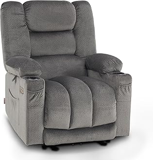 – Zero Gravity Electric Recliner Armchair, Power Reclining Chairs with Massage & Heat, Extended Footrest, USB Ports, Cup Holders for Living Room 6079 (Grey, Medium)