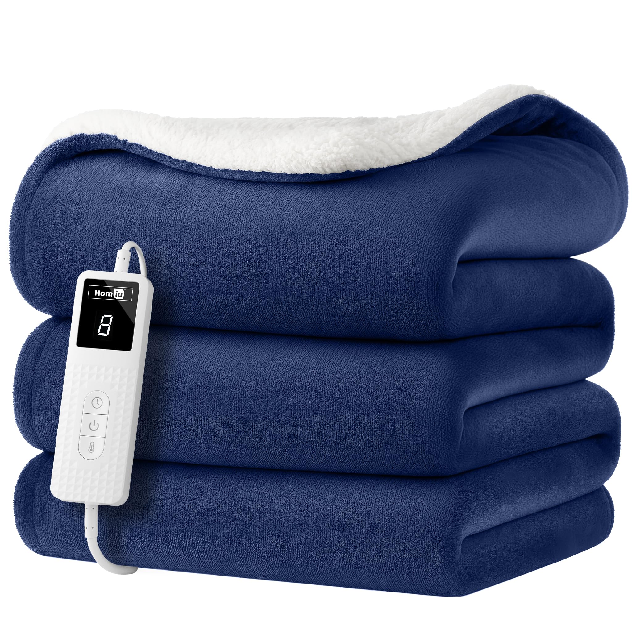Homiu Navy Blue Electric Heated Throw Blanket – Ultra-Soft Fleece & Sherpa Design | 9 Heat Settings & Timer | Auto Shut-Off & Overheat Protection | Fast Heat-Up | Energy Efficient & Machine Washable