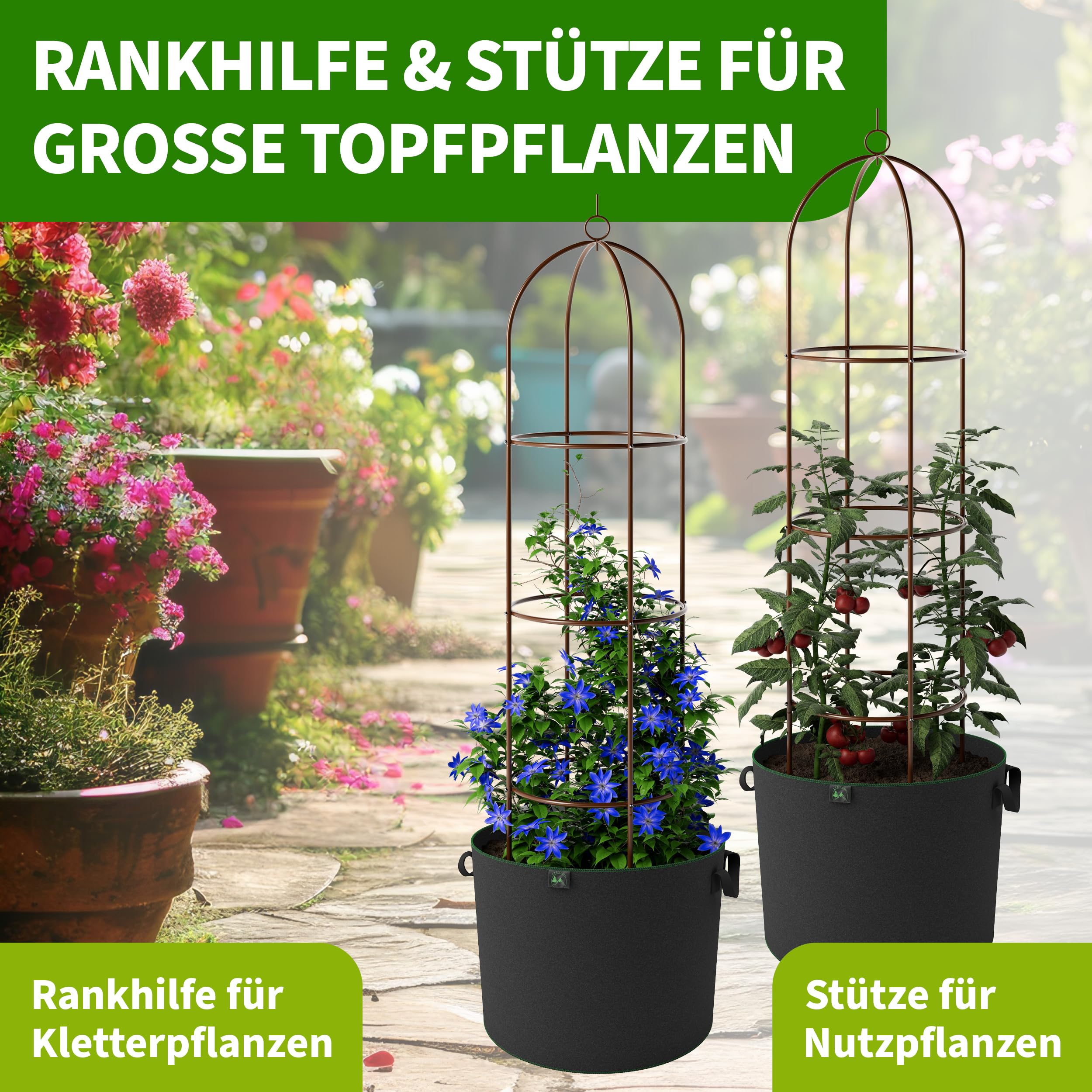 TTL Garden Obelisk - Set di 2 rampe di supporto XL 195 x 40 cm, colore: marrone, in metallo, acciaio inossidabile, per rampicanti, rose, clematidi, acciaio verniciato a polvere, altezza 195 cm,