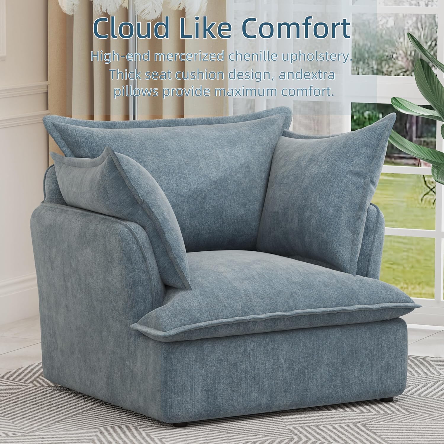 Blue chenille armchair in a living room setting, highlighting its comfort features.