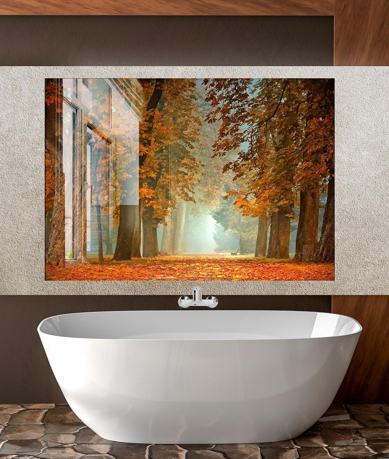 Myphotostation.com 23.5Wx12H'' Tempered Glass Forest Backsplash Design Cooker Wall Backsplash Panel Glass Splashback for Kitchen Panel Brown Tree Autumn Splashback Tropical