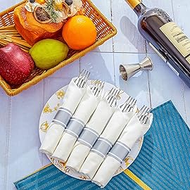 N9R 30 Pack Pre Rolled Silver Plastic Cutlery Set, Wrapped Plastic Silverware Set with 30 Forks, 30 Knives, 30 Spoons and 30 Napkins, Disposable Cutlery Set for Party and Wedding