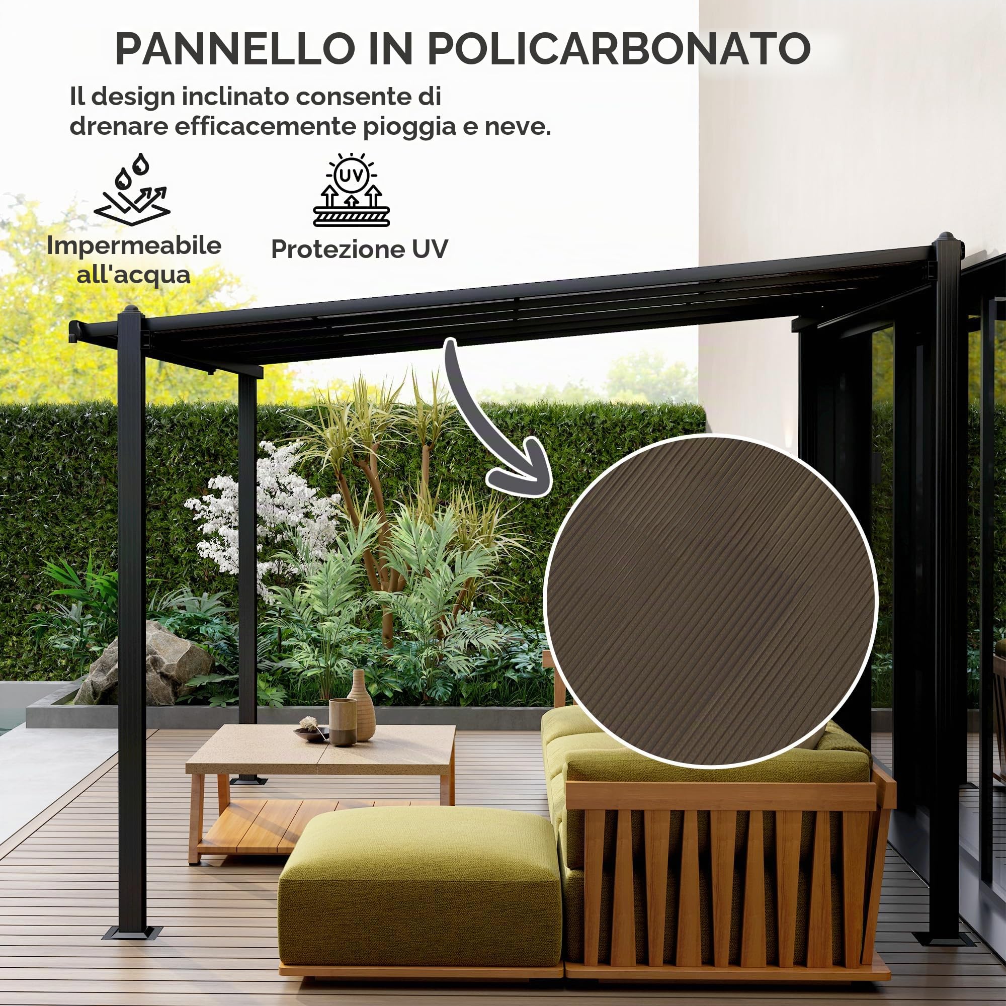 Outsunny Pergola da Giardino in Alluminio 3 x 3 m con Tetto in Policarbonato Impermeabile, Sistema di Drenaggio, Protezione UPF30+ per Patio Terrazzo Cortile, Grigio