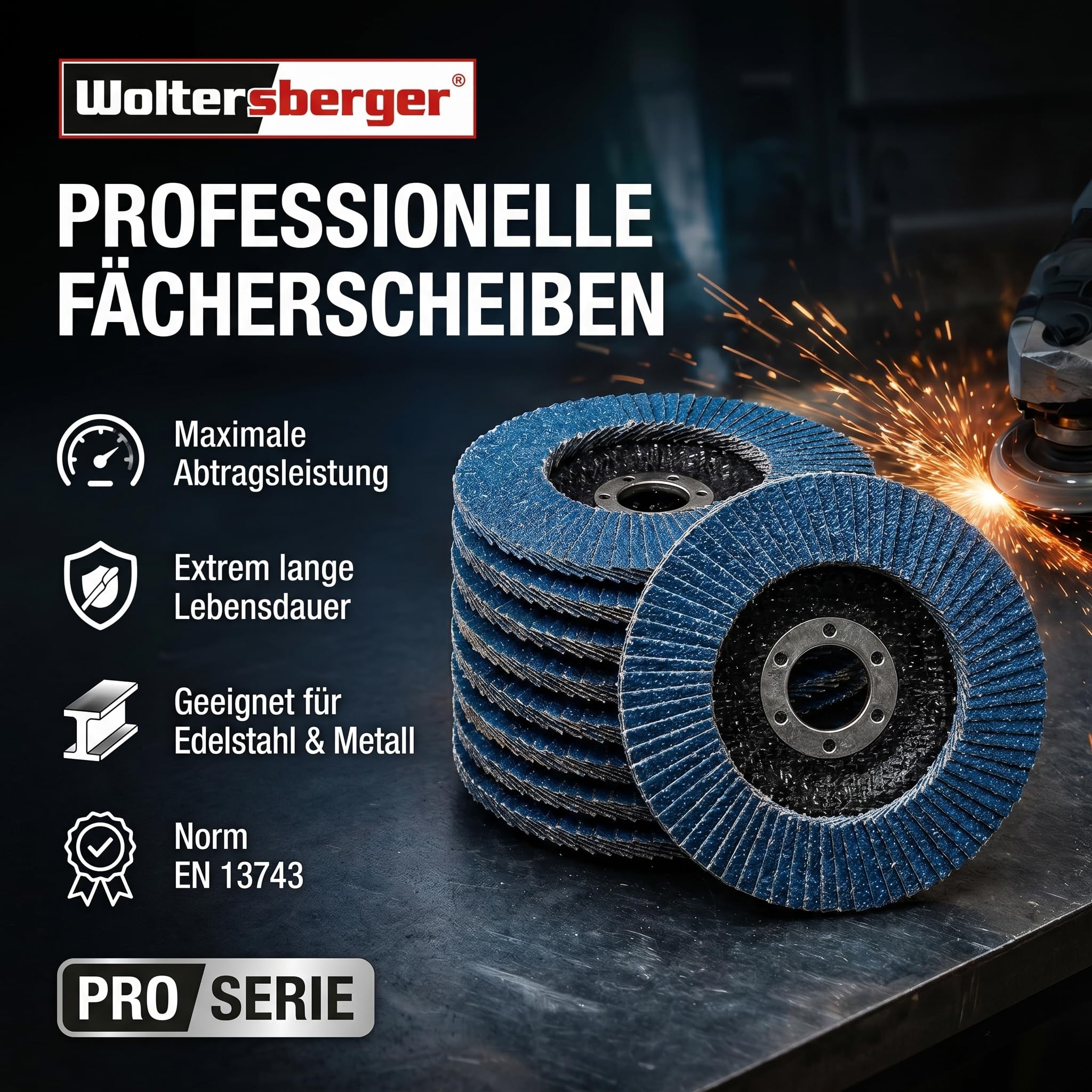 Produktbild von 10 Fächerscheiben 125 Mm, Korn 120, Zirkonoxid, INOX, Für Winkelschleifer, Blau – Schleifen, Entgraten Und Polieren In Profi-Qualität