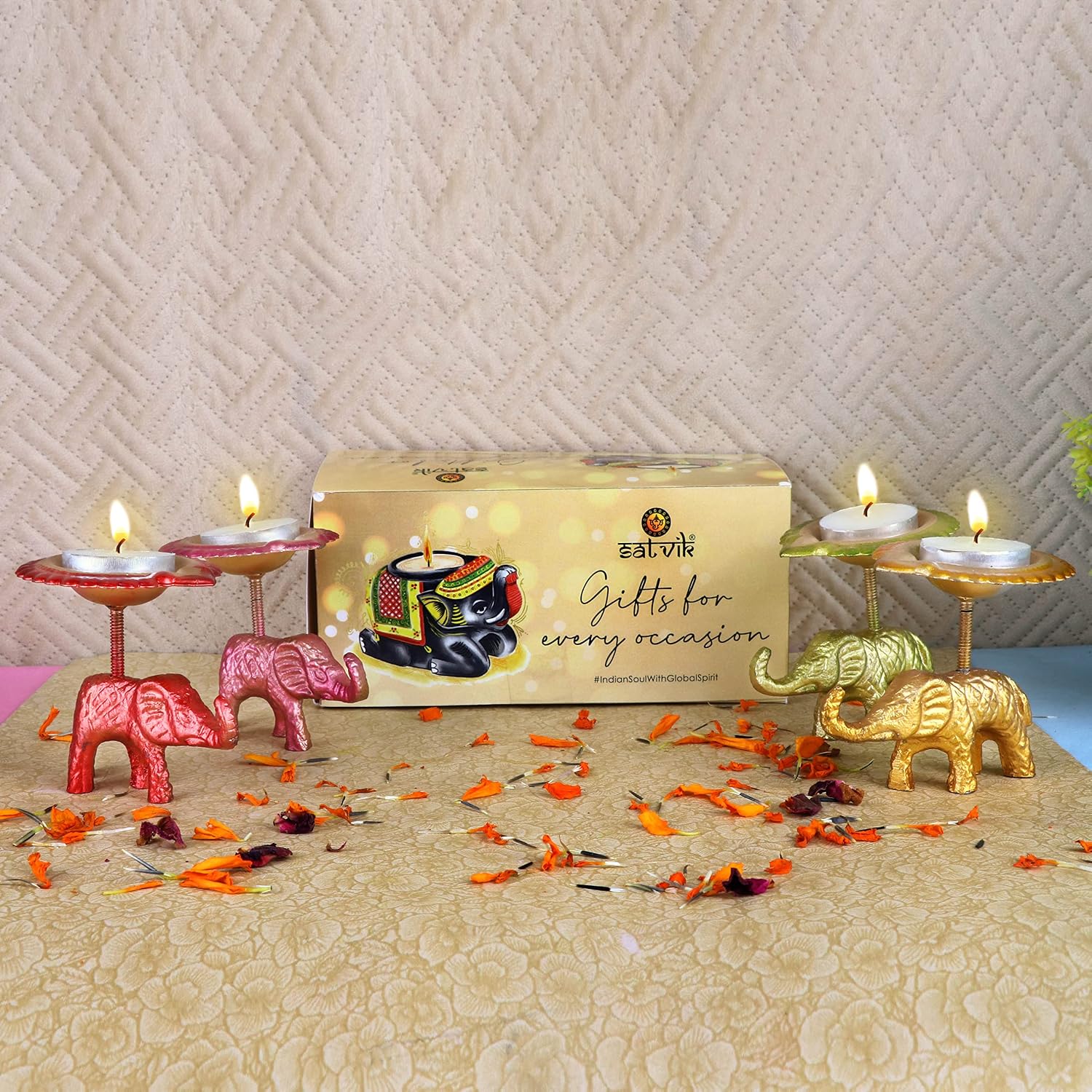 SATVIK 4 Pc Multicolor Elephant Stand Diya Metal Table Dia Laxmi Candle Tea Light Holder Diwali Indian Traditional Décor Home Mandir Office Decoration Ganesh Oil Lamp Housewarming Return Gift Items