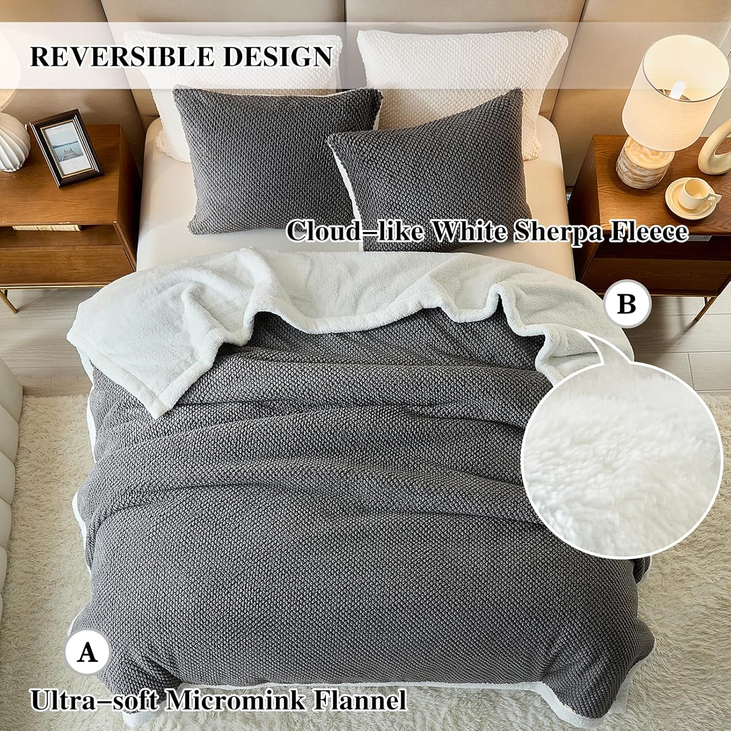 Luxury Flannel Fleece Sherpa Blankets King Size for Bed, Jacquard Boho 3-Layer Thick and Warm Blanket for Winter, Soft Cozy Fuzzy Plush Velvet Blanket with 2 Pillow Cases, Grey, 102x88 Inches - Image 4