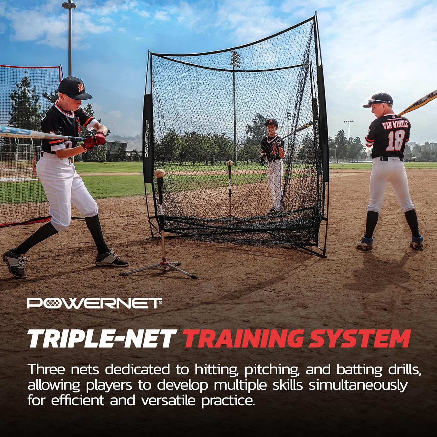 PowerNet Triple Threat Baseball Net, 3 Way 7' x 7' Batting, Hitting & Pitching Net Covers 147 Sq Ft, Softball Baseball Training Equipment, Baseball Practice Net