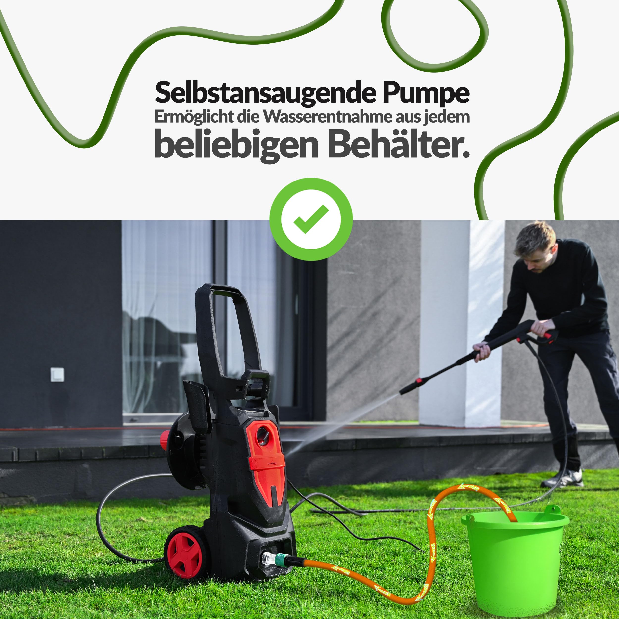 LEHMANN Austin Hochdruckreiniger mit Aluminiumpumpe, 1800 W, max. 220 bar, 450 l/h Fördermenge, 5m Schlauch, Zubehör: Turbo- & Verstelldüse & Schaumsprüher, Druckreiniger für Auto, Terrasse