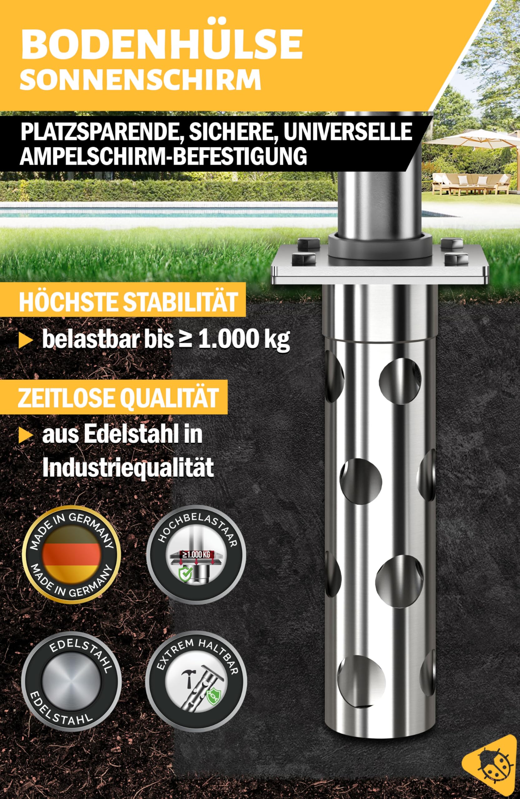Menz Bodenhülse Sonnenschirm - Edelstahl Bodenanker Ampelschirm mit Bodenplatte zum Einbetonieren, Universal Sonnenschirmständer Ampelschirm, belastbar bis 1000 kg, Made in Germany