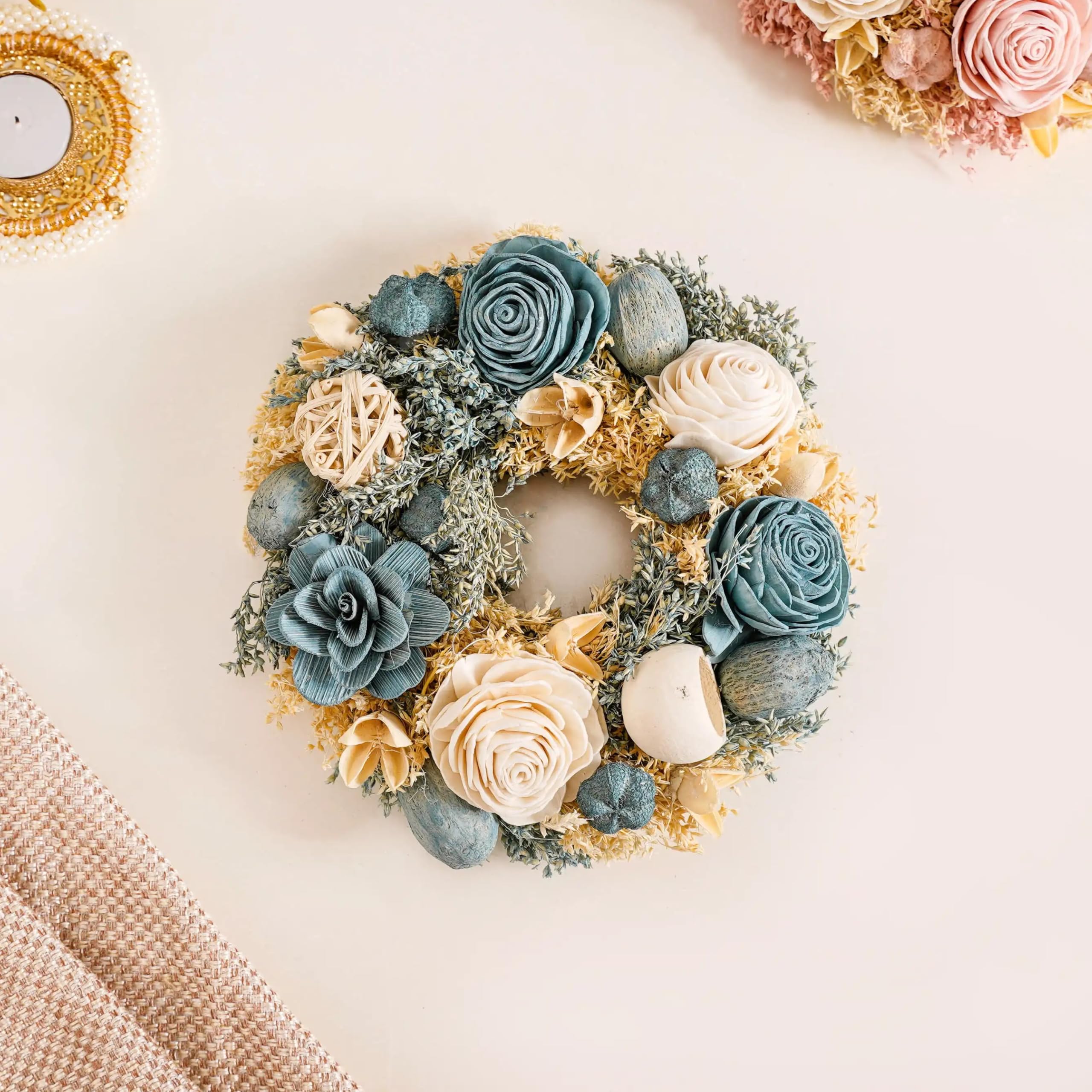 Nestasia Blue & White Shola Flower Wreath | Handcrafted Eco-Friendly Wall Decor with Dried Flowers, Rattan Balls & Jute Frame for Timeless Elegance | Ideal for Christmas & New Year Decor-image-15