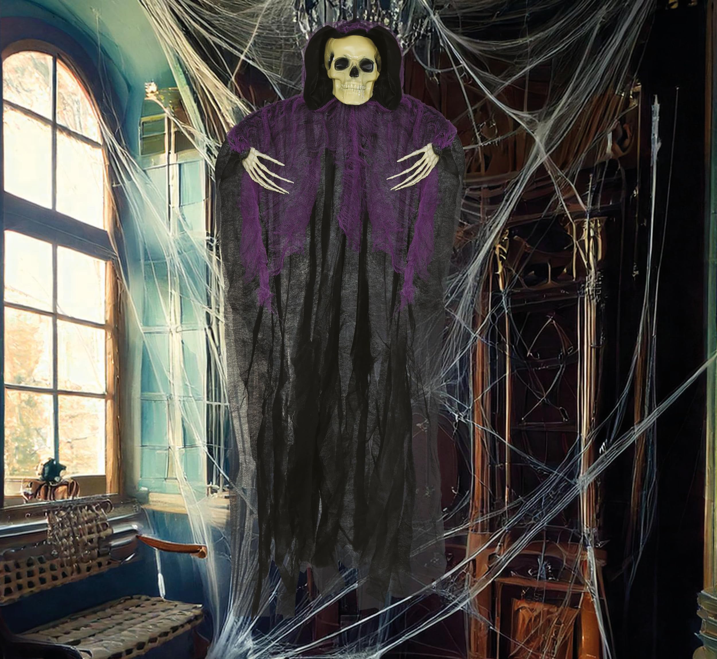 FIESTAS GUIRCA | Hanging Skeleton with Black and Purple Tunic (35.4 in) - Halloween Decoration for Horror Parties and Skeleton Celebrations - Ideal for Spooky Environments - Black