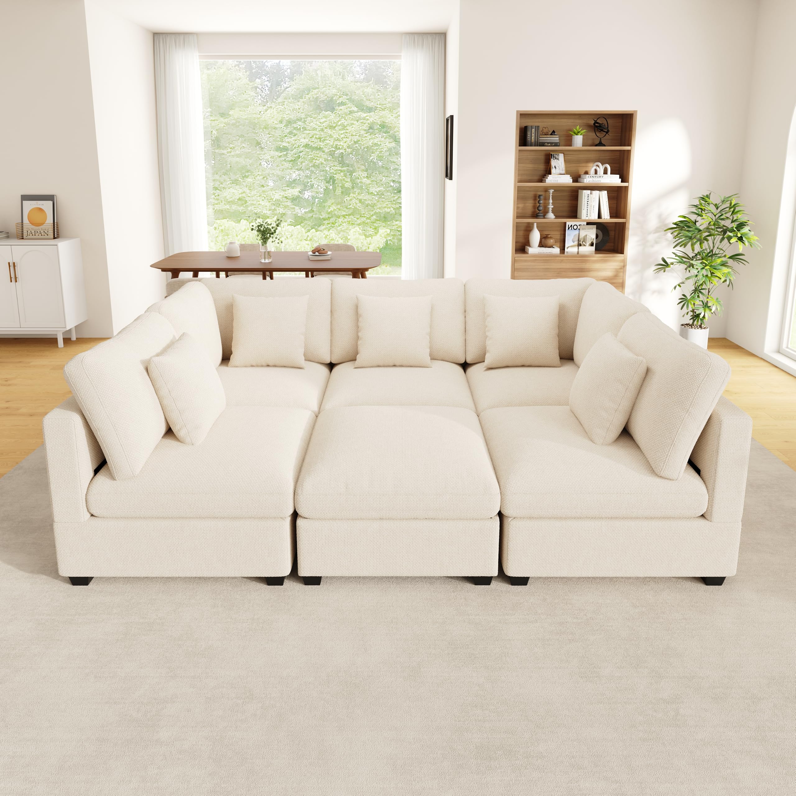 Idemon Sofá esquinero XXL en forma de L, sofá modular de 6 plazas con función de descanso, reposapiés móvil con espacio de almacenamiento y bolsillos laterales, incluye 5 cojines decorativos; tela de
