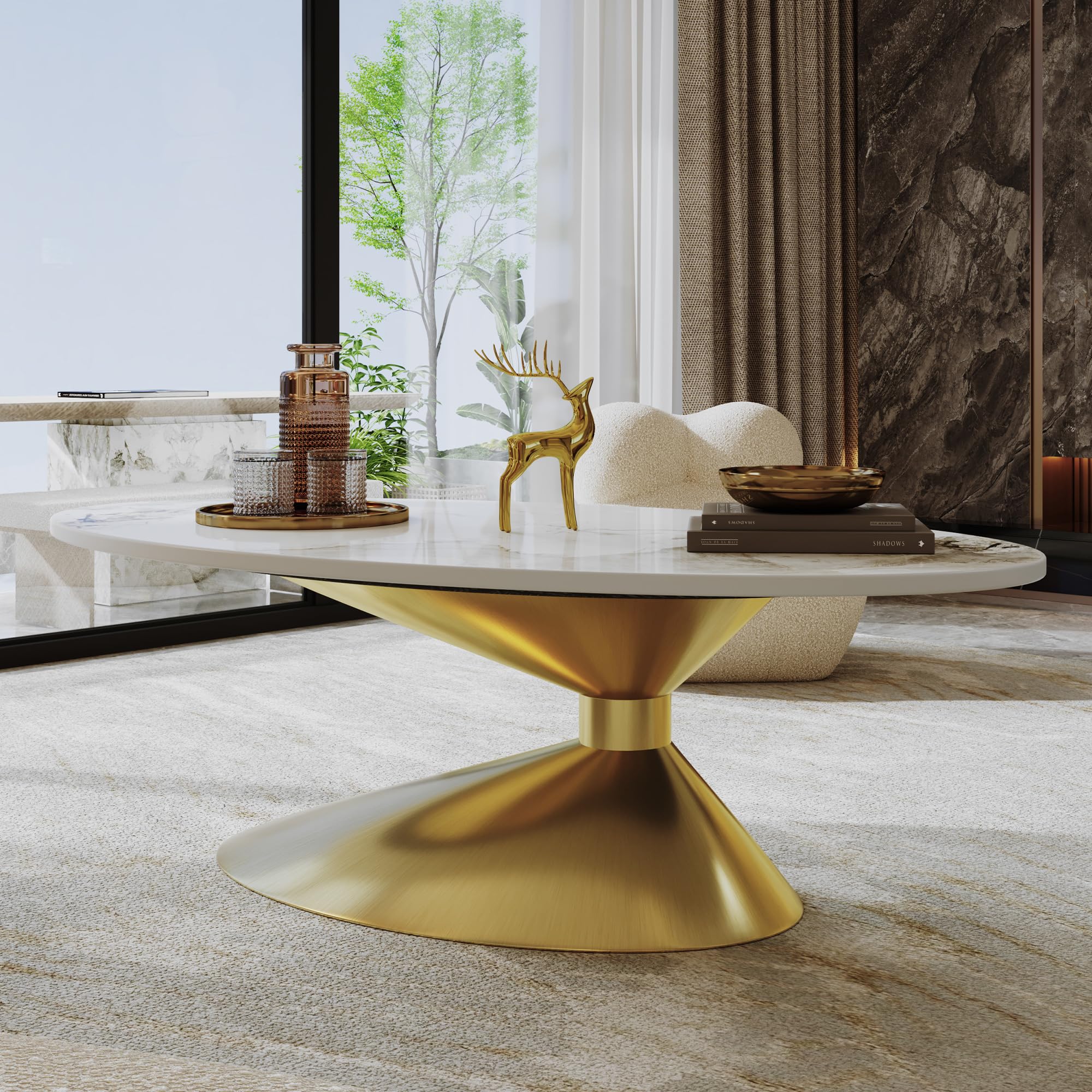 Modern Coffee Table with Gold Stainless Steel Pedestal,Oval