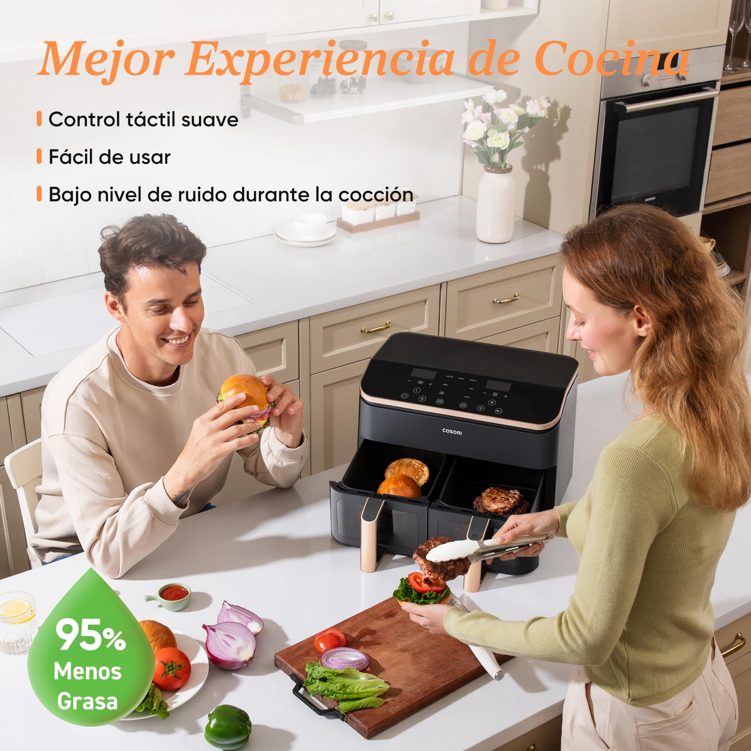 Cosori Freidora de Aire 8,5L, Doble Cesta con Ventana, 10 Funciones, Oro | Ventana para Ver Fácilmente, Interior Metálico Más Seguro, 2 Platos a la Vez, Alta Potencia y 55% de Eficiencia, Bajo Ruido