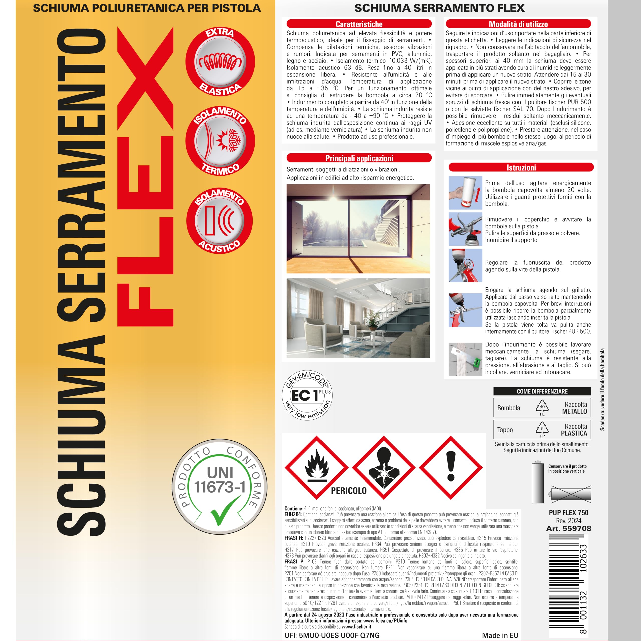 Fischer PUP FLEX 750 Schiuma Poliuretanica per Infissi e Telai di Serramenti, Elevato Isolamento Termoacustico, Flessibile e Modellabile, 559708