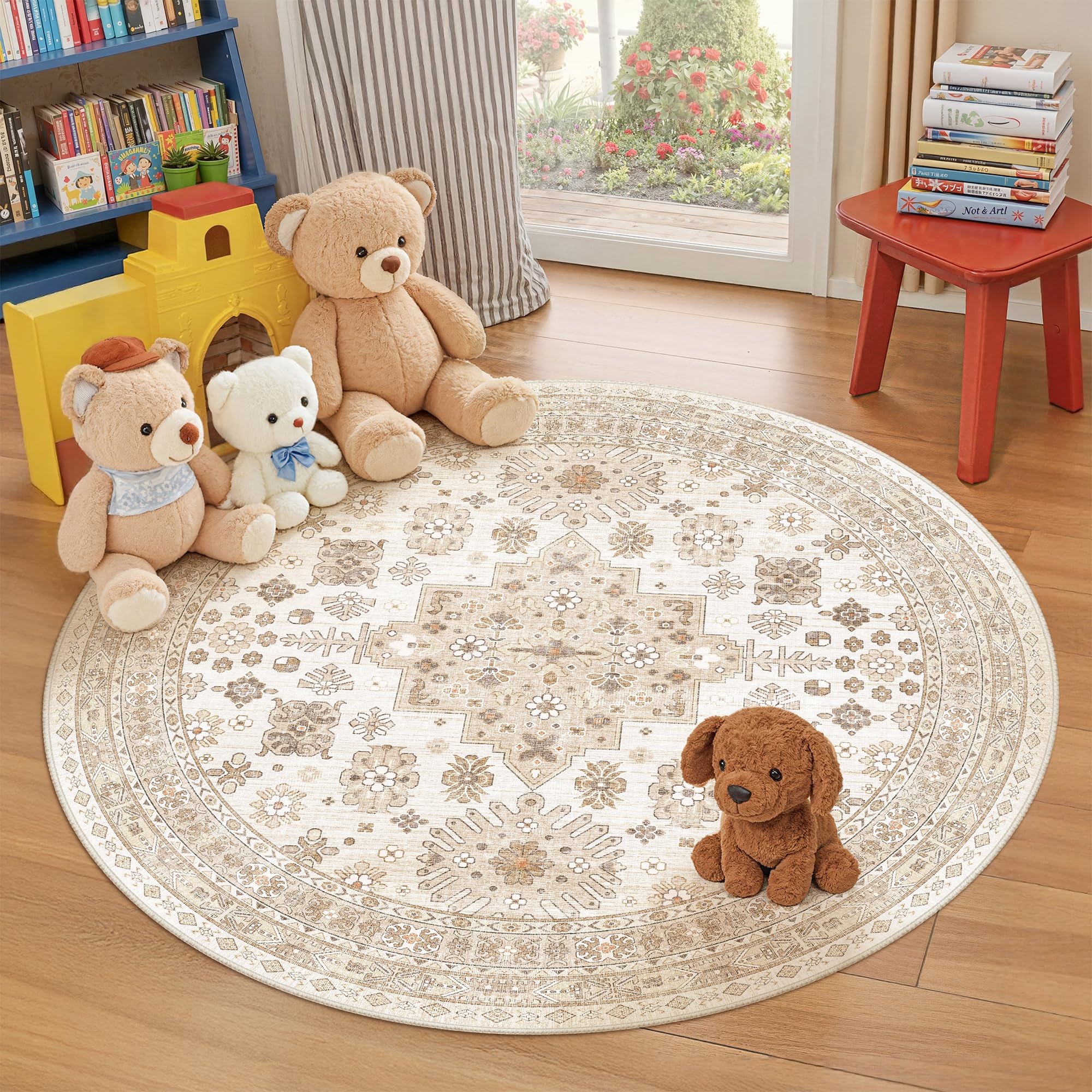 zesthome Washable Round Area Rugs - Non-Slip 6ft Round Rugs, Ultra-Thin Large Circle Rugs for Living Room, Soft Low Pile Rug for Bedroom, Kitchen, Nursery - Vintage Round Rug(Cream/Beige,6'x6') — image 1