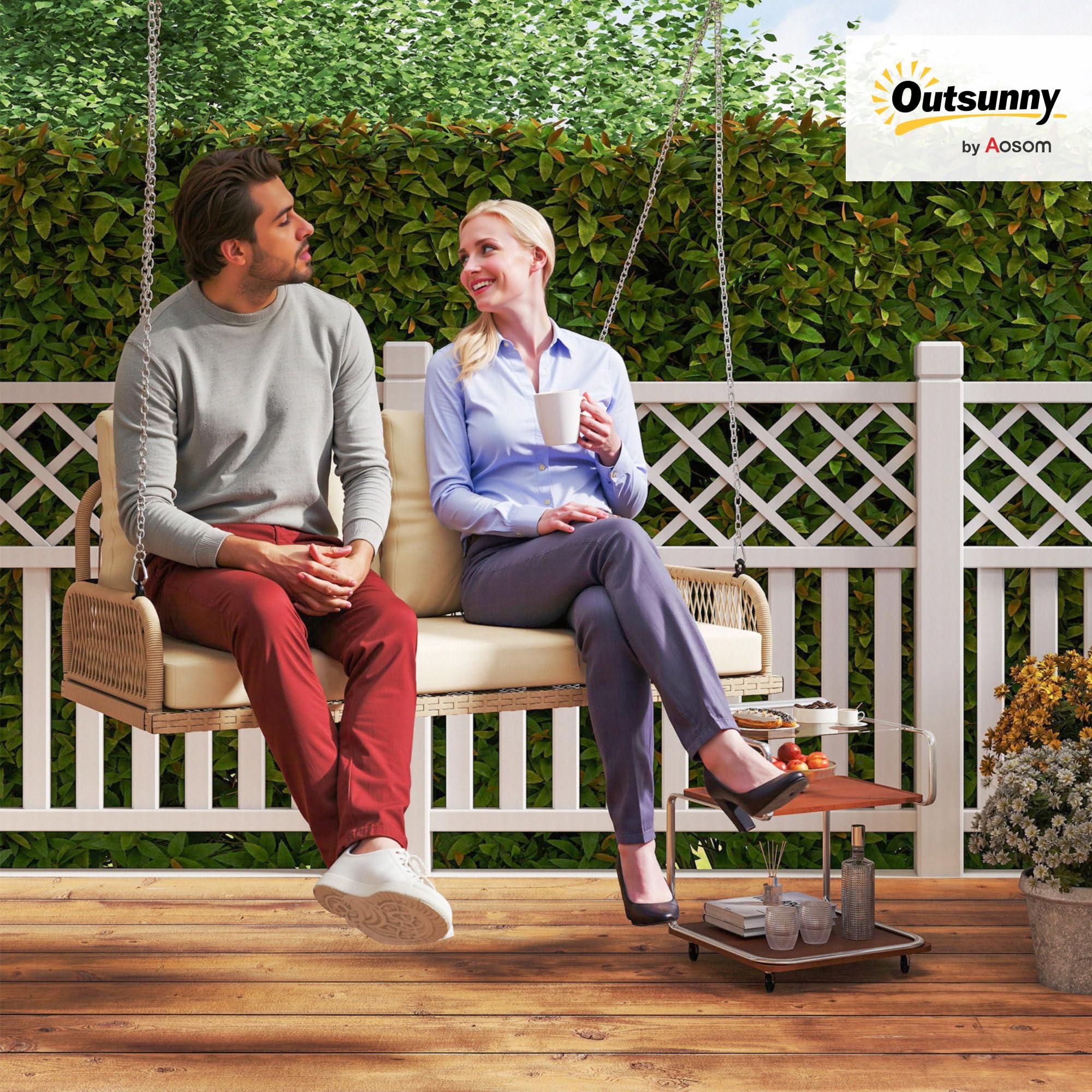 Outsunny Balancelle de Jardin en Résine Tressée 2 Places avec Coussins Amovibles, Charge 240 kg, 115x66x44cm, Beige