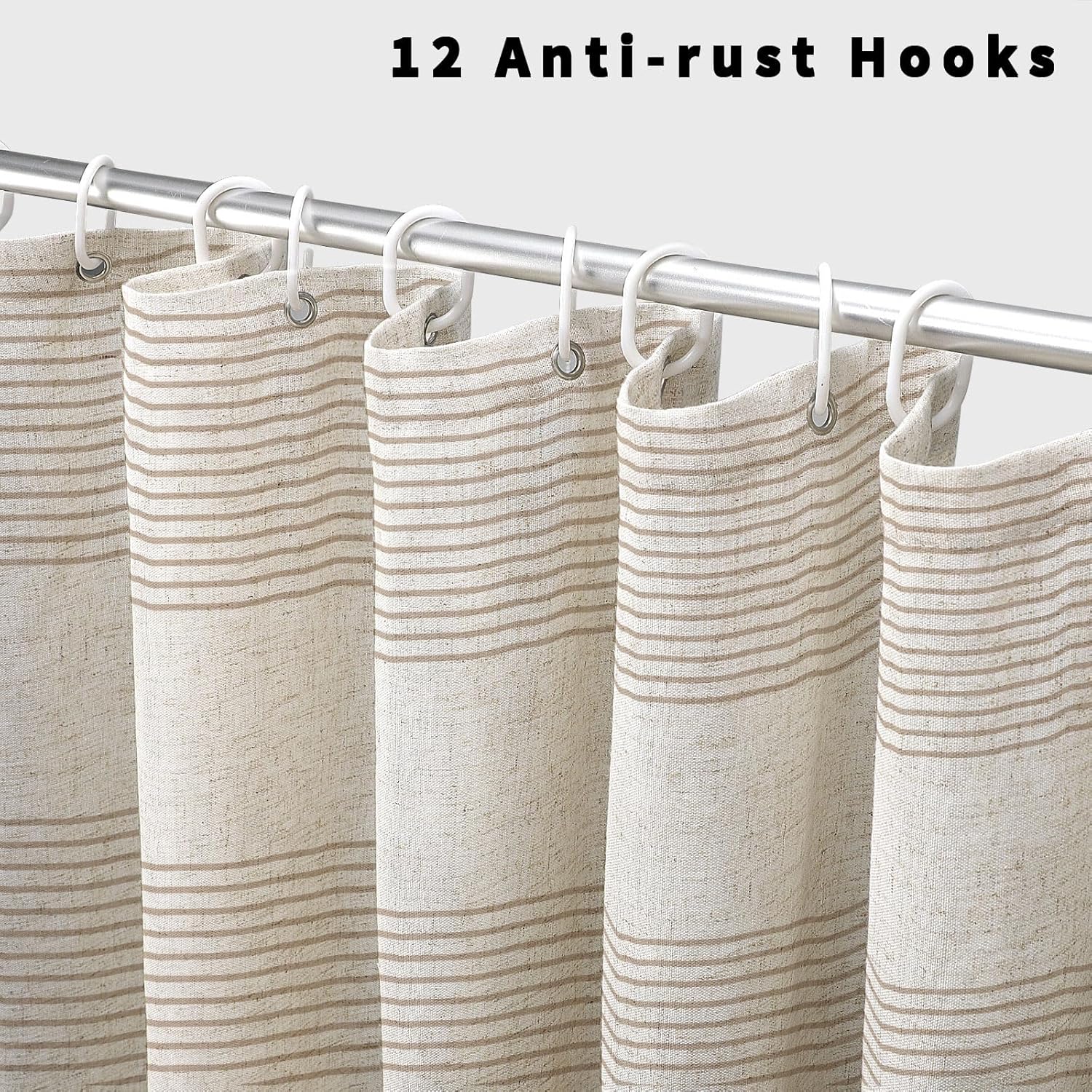 WOUVMA Boho Shower Curtains for Bathroom with Tan Tassels Farmhouse Striped Shower Curtain Beige Rustic Linen 72x72 Inches