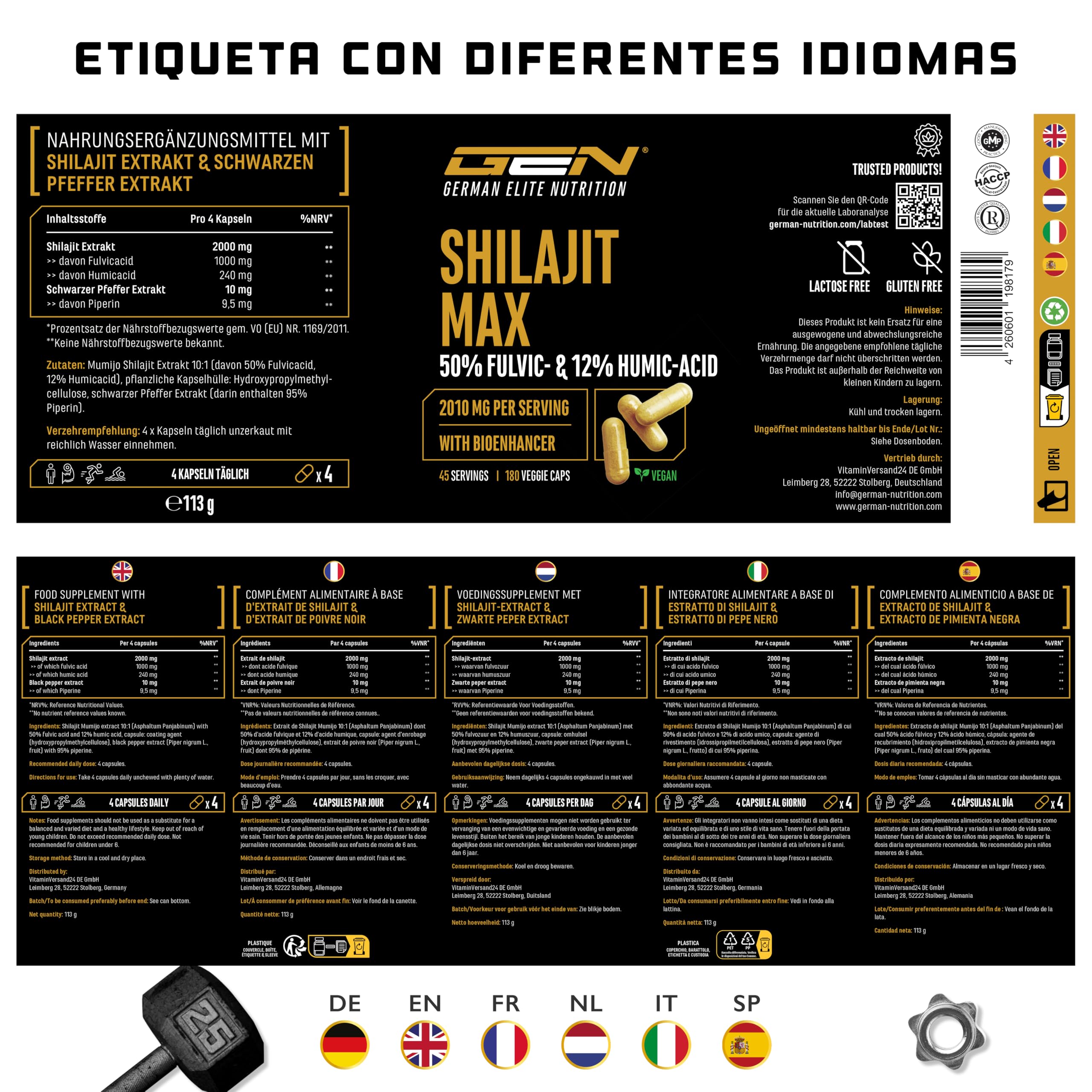 Mumijo Shilajit Max -180 cápsulas - Extra fuerte: 2000 mg por porción diaria - 50% ácido fúlvico + 12% ácido húmico + bioenhancer - Extracto original Himalaya 10:1 - Vegano