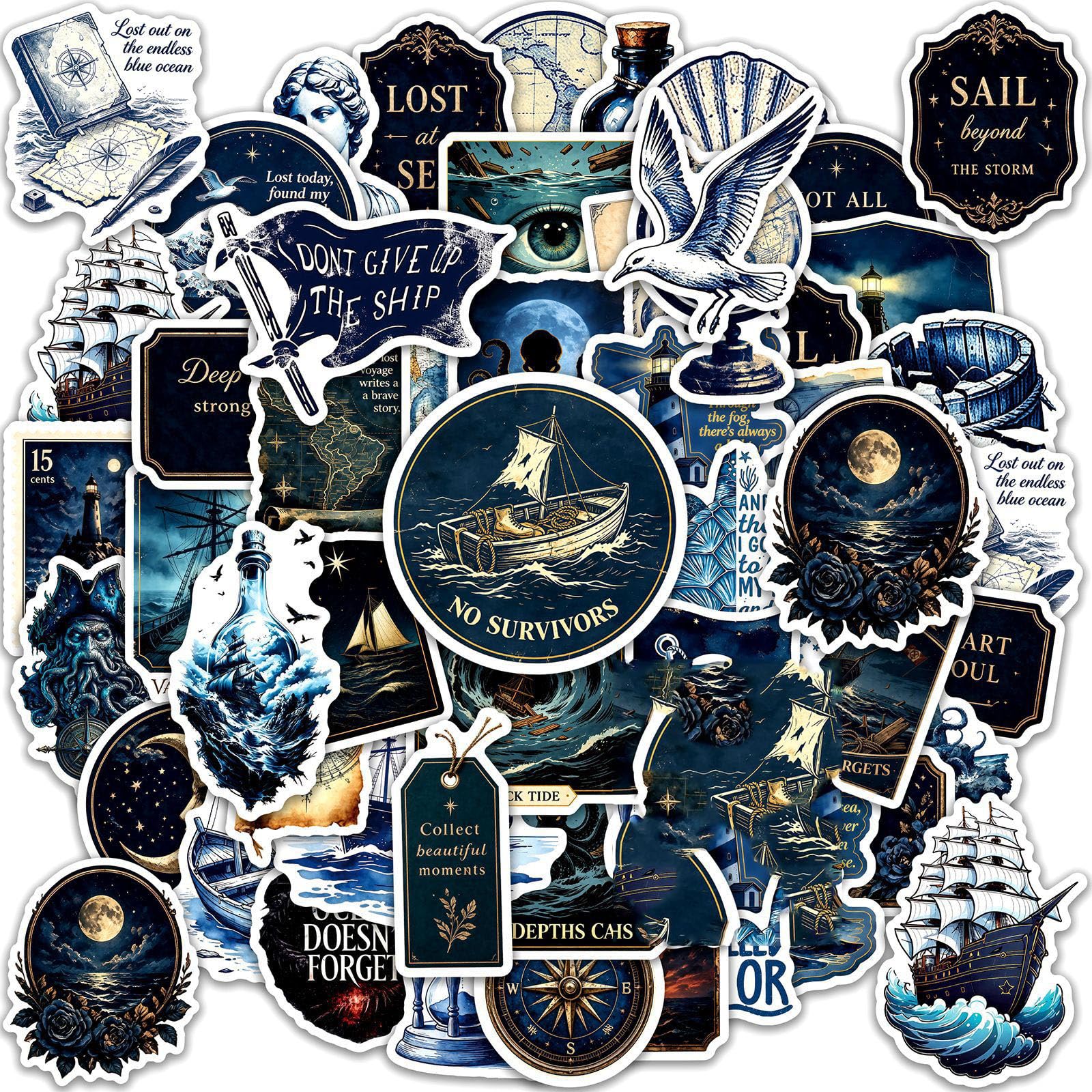 50 Pcs Vintage Nautical Vinyl Decals Ship Ocean Stickers for Notebook Bag