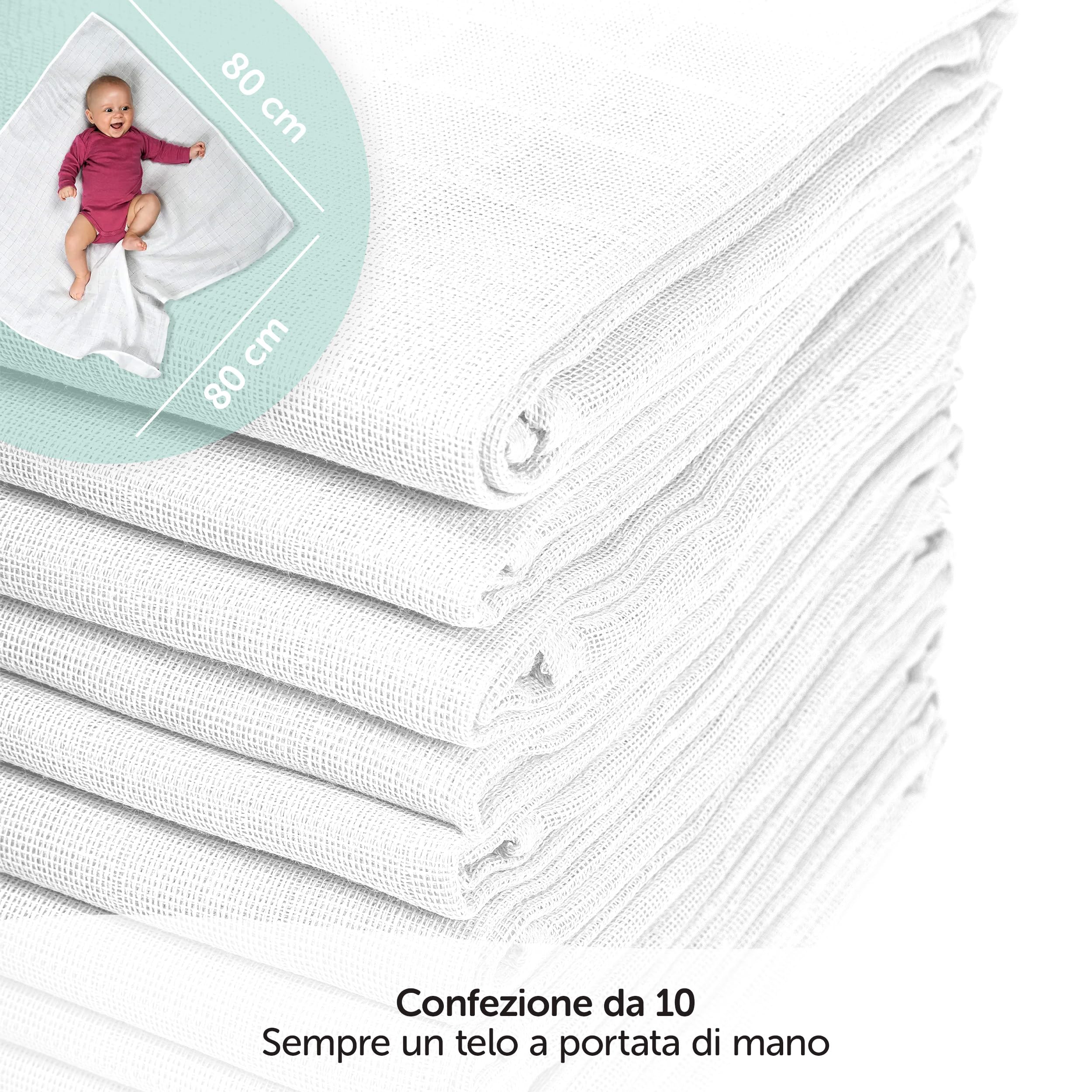 Teli in Mussola Neonato 80x80 Oeko-Tex Standard 100 10 Pezzi Bianco