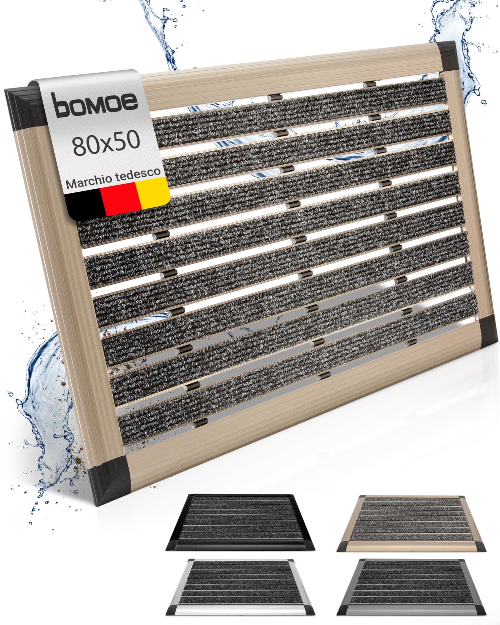 bomoe zerbino in alluminio per porte d'ingresso con passatoia in gomma | 50x80cm Champagne metallizzato tappetino per uso esterno e interno Antiscivolo battitappeto raschietto scarpe AluGant