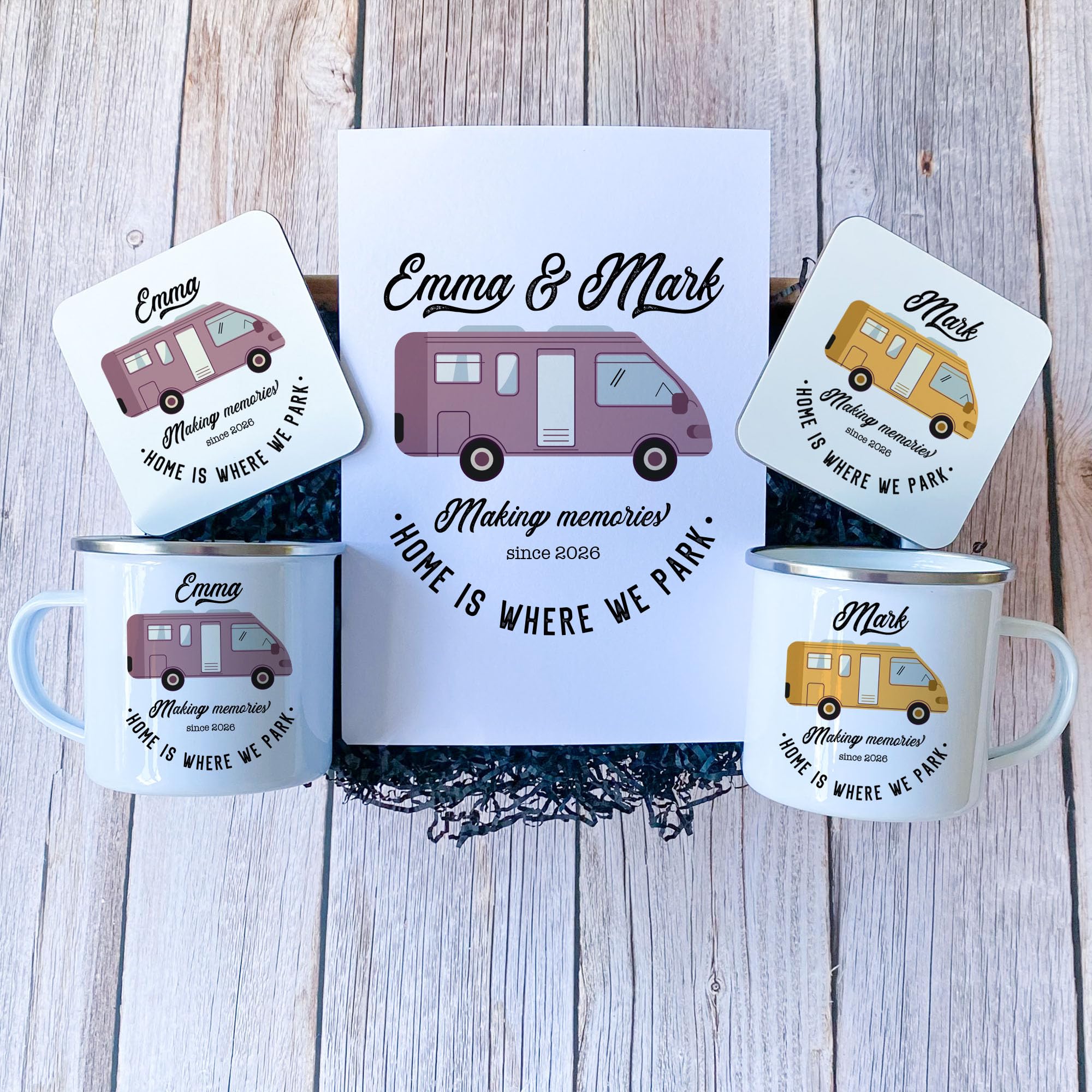 Pomchick - Campervan Enamel Camp Mug Set with Enamel Mug Coaster and Card Personalised Motorhome Gift His Hers Accessories Camping Retro Caravan