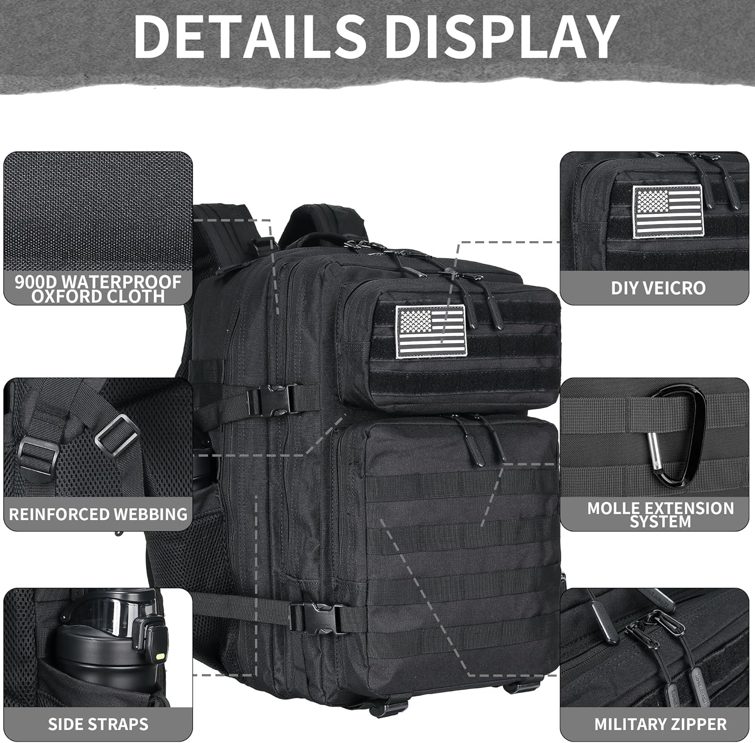 45L Military Tactical Backpacks 3 Days Assault Pack Bag Fitness Rucksack 3 Day Bug Out Bag Hiking Treeking Molle Daypack (Black)