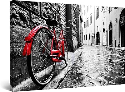 Startonight Quadro su Tela Bianco e Nero Bicicletta Rossa, Stampe Incorniciato e Pronta da Appendere Design Moderno Arredamento Arte Fotografia Grande Formato 80 x 120 CM