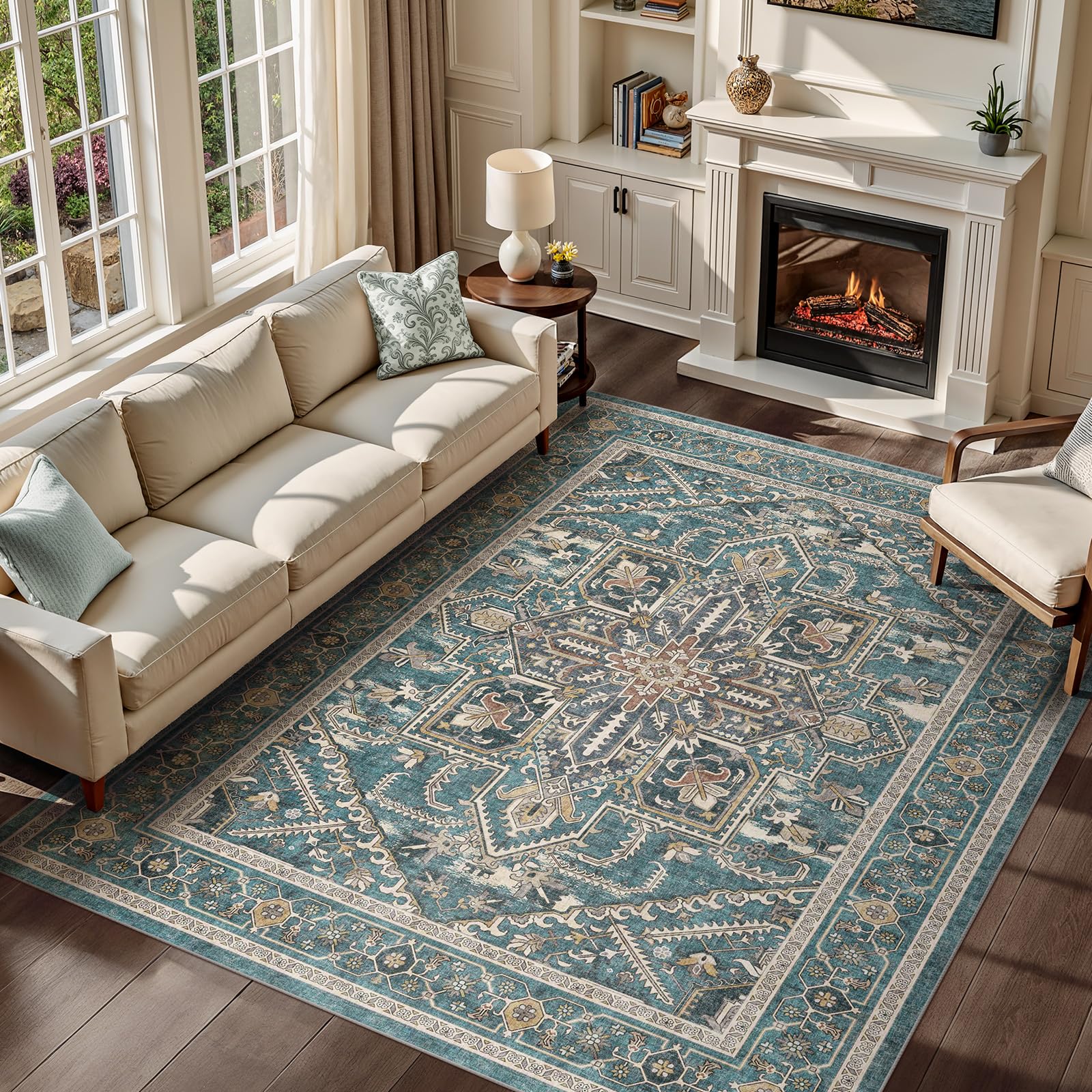 WITSHOCK Living Room Area Rugs 9x12: Washable Rug Boho Soft Non-Slip Low Pile Stain Resistant Foldable Carpet for Bedroom Playroom Dining Room Office