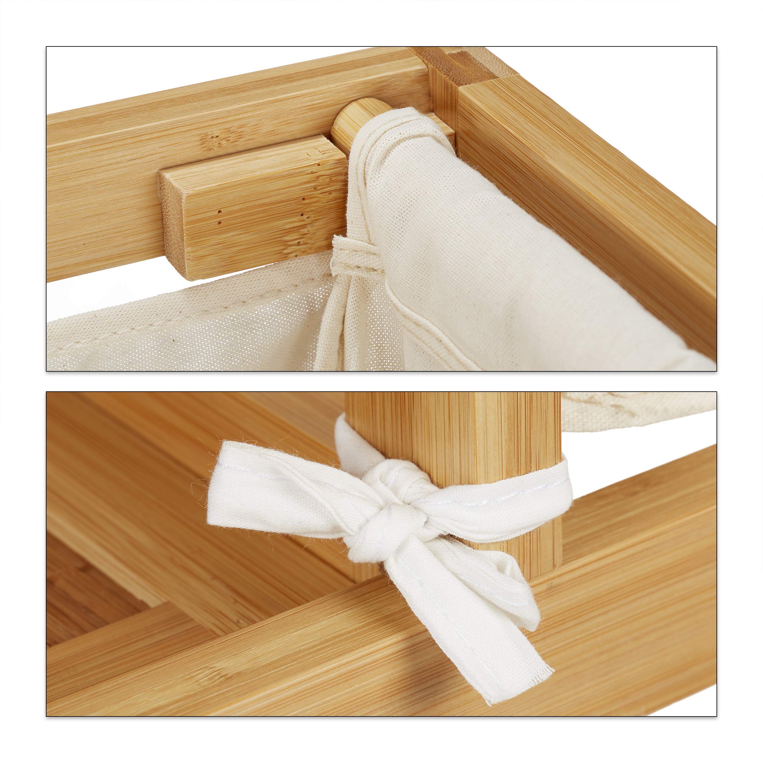 Relaxdays Mobiletto da Bagno con Portabiancheria, 3 Ripiani, Sacco Biancheria Estraibile, HxLxP: 65x68x33 cm, Naturale