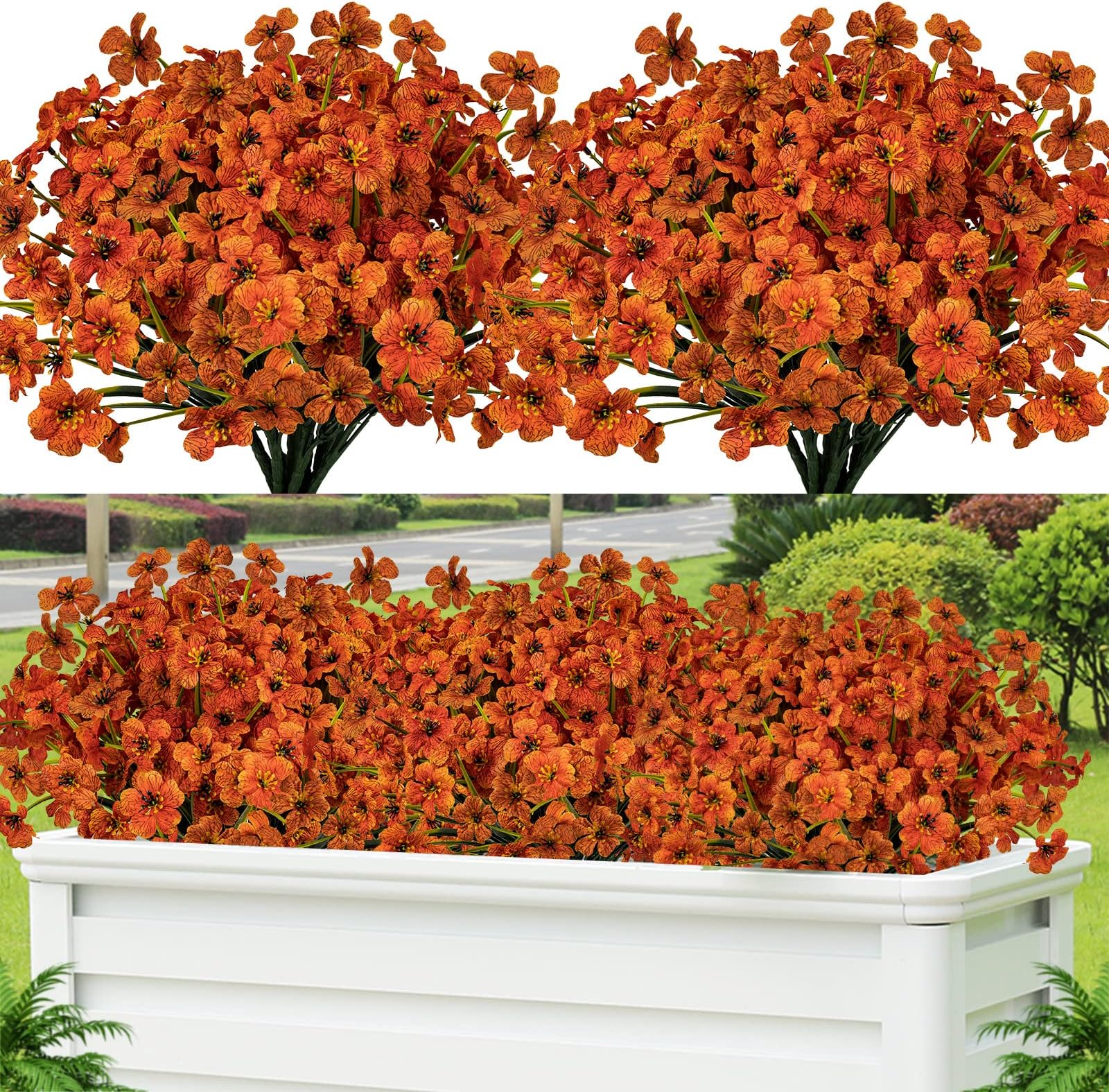 Lnoicy 12 Pcs Artificial Flowers for Outdoor,Plastic Flowers Decoration, UV Resistant Faux Flowers Shrubs, Artificial Plants for Indoor Outside Garden Home Wedding Farmhouse(Orange)