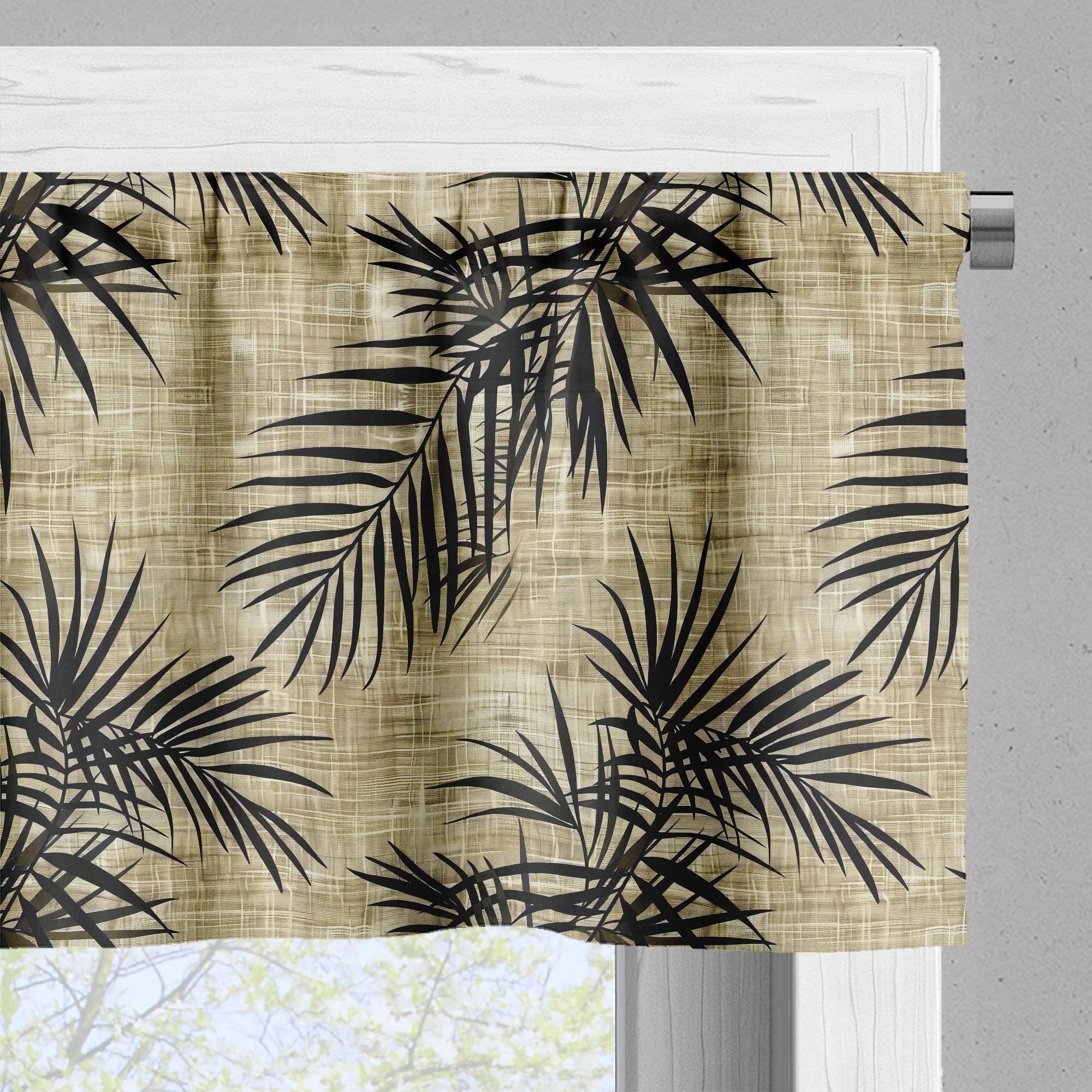 Tropical Palm Leaf Curtain Set - 3 Piece Kitchen/Bedroom Curtains With Valance - Light Filtering - View #3