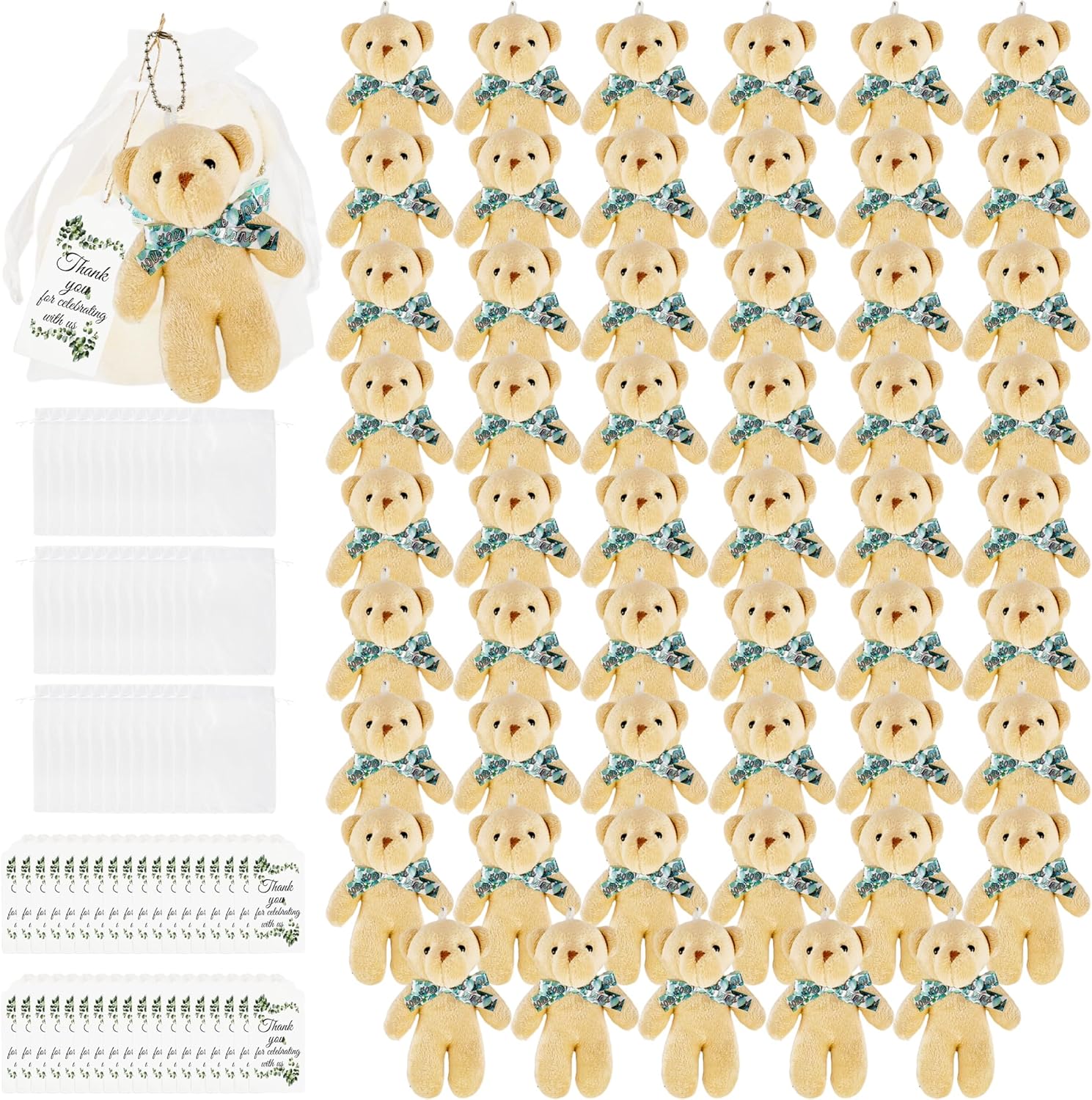54 Pack Mini Plush Teddy Bear Stuffed Animals Toy with 60 Pcs Thank You Tags and 60 Pcs Mesh Bags for Boy Girls Gender Reveal Baby Shower Party (Color Set 1)
