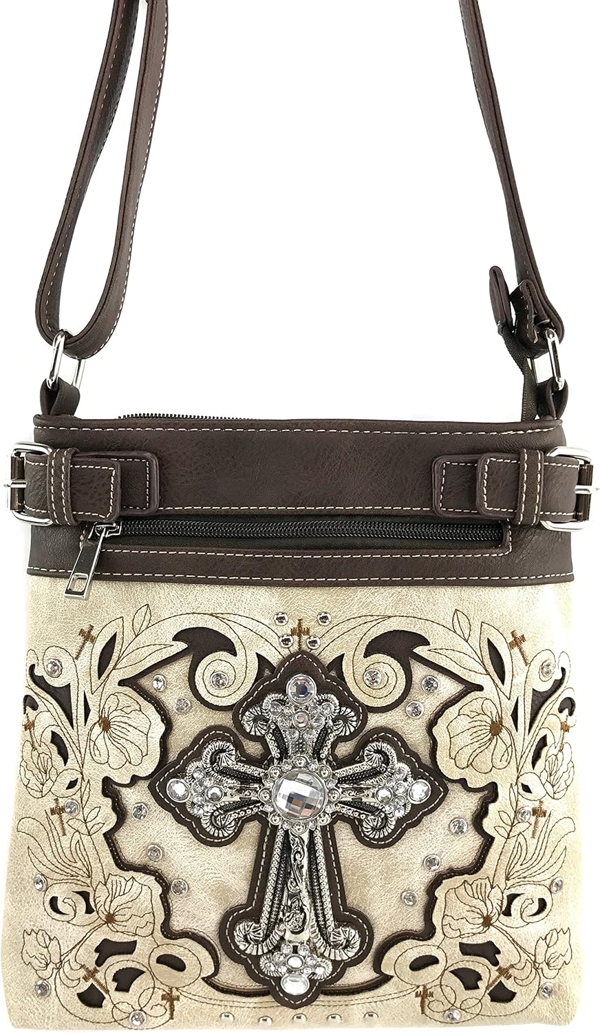 Justin West Embroidery Floral Glitter Bling Rhinestone Cross Shoulder Concealed Carry Handbag Purse Trifold Wallet