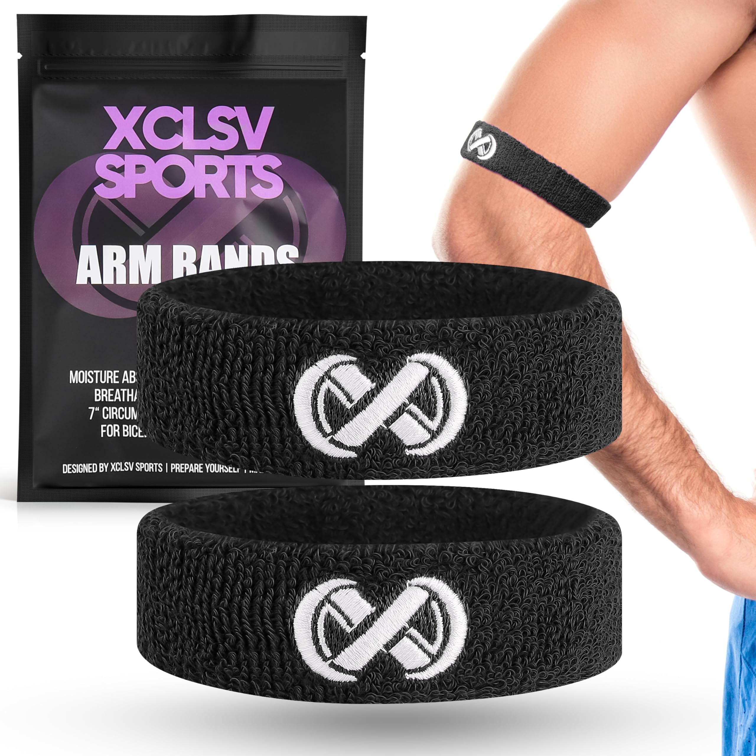 XCLSV SPORTS Football Arm Bands - Sweat-Wicking Cotton Bicep Bands - Bicep, Calf & Forearm Band - Double Stitched & Machine Washable Arm Sweat Bands Sports - 1 Pair (Black)