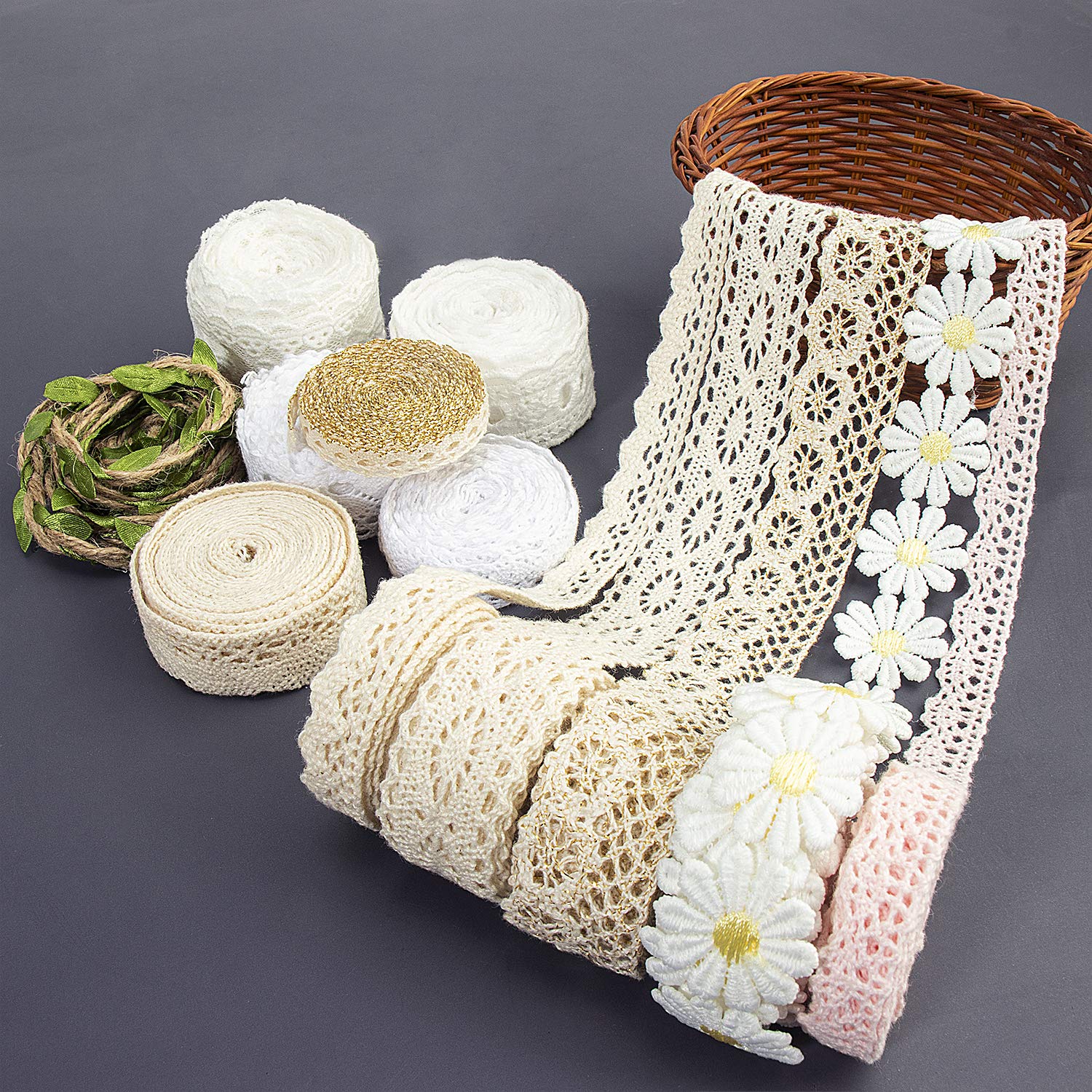 IDONGCAI Lace Ribbon for Craft Vintage & Bridal Wedding Scalloped Edge Crochet Lace Gift Wrap Ribbon Mix - 24 Yards (2 Yard Each)