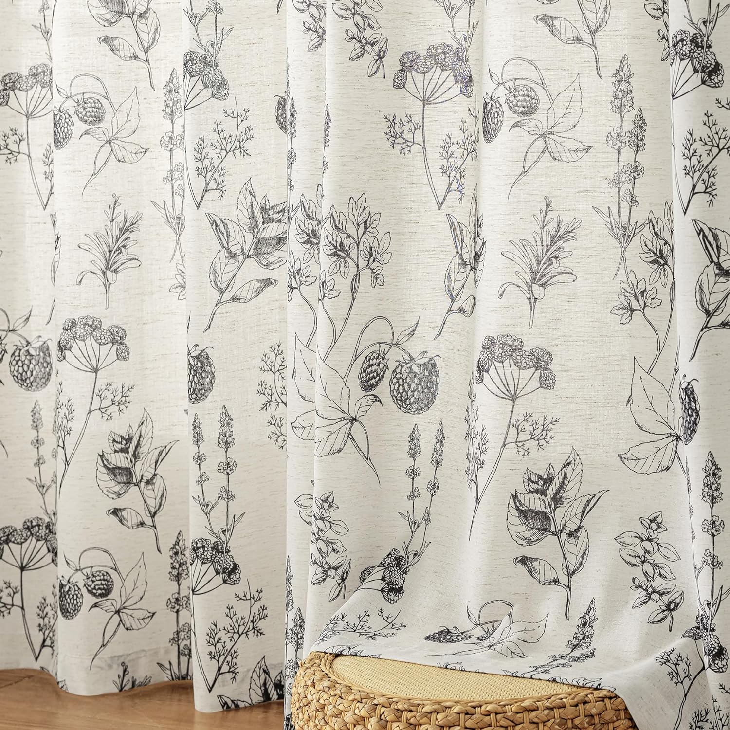 FMFUNCTEX Linen Curtains Floral Patterned Curtain for Bedroom Living Room, Black Curtains 96 Inches Long Farmhouse, Light Filtering Beige Window Curtain Grommet Top 2 Panels Set