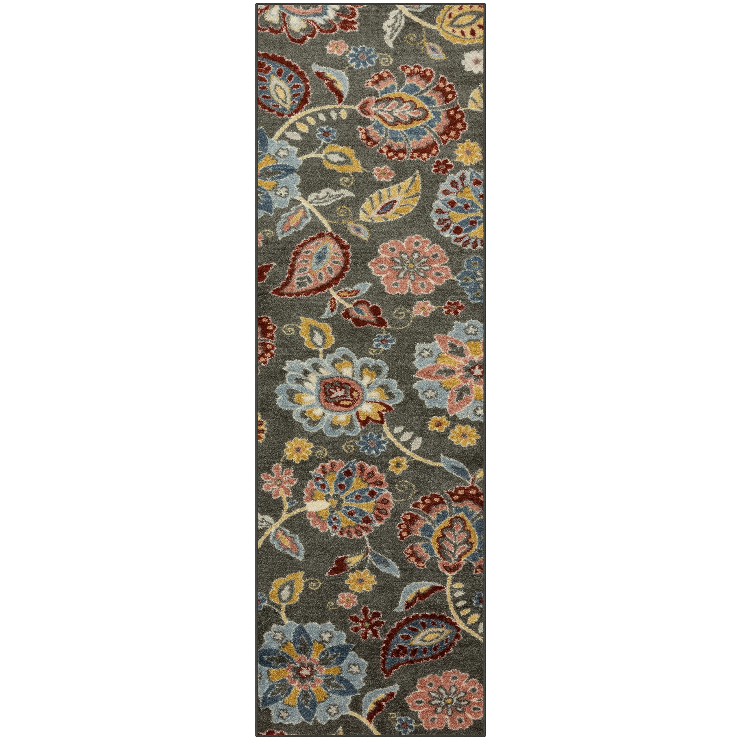 Maples Rugs Gardena Floral Hallway Entryway Runner Non Skid Runner Rug [Made in USA], Gray Multi, 2' x 8'