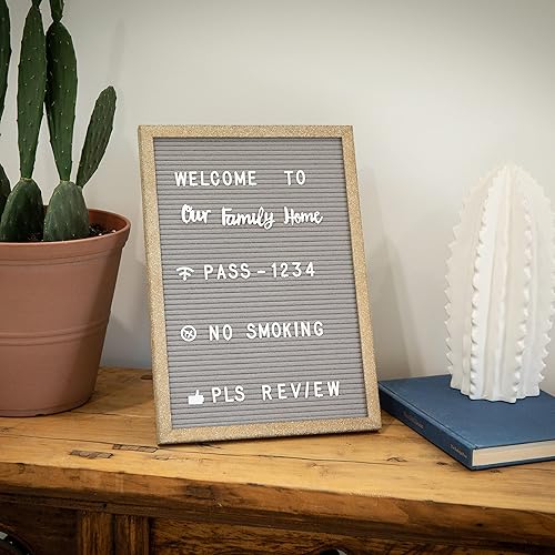 HBCY Creations Tablero de letras de fieltro de 12 x 17 pulgadas, marco de madera maciza, madera envejecida, fieltro gris, 389 letras de